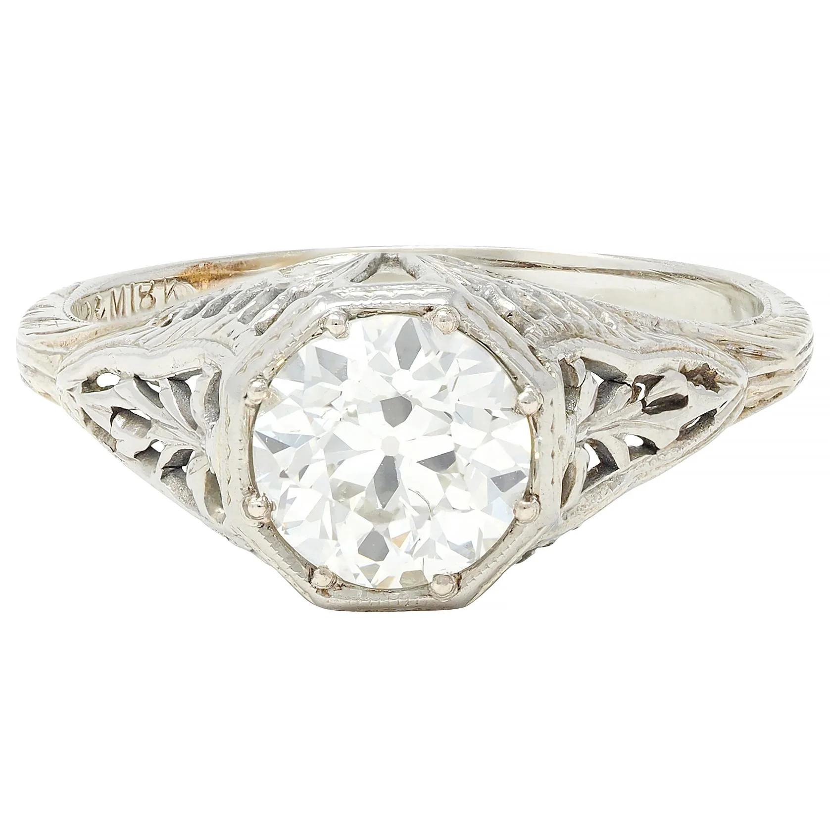 Art Deco 1.02 CTW Old European Diamond 18 Karat White Gold Foliate Antique Engagement Ring GIA