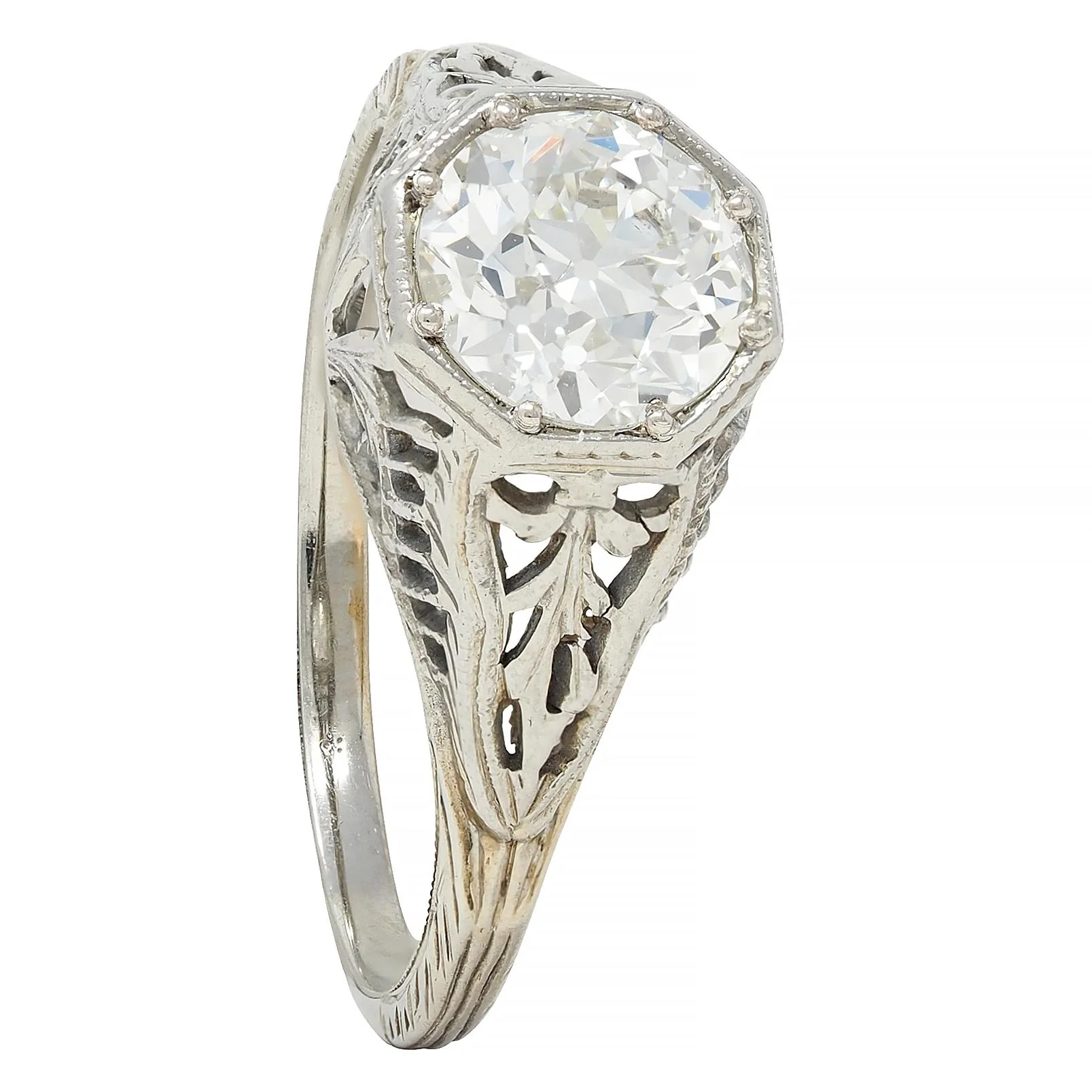 Art Deco 1.02 CTW Old European Diamond 18 Karat White Gold Foliate Antique Engagement Ring GIA - Image 10