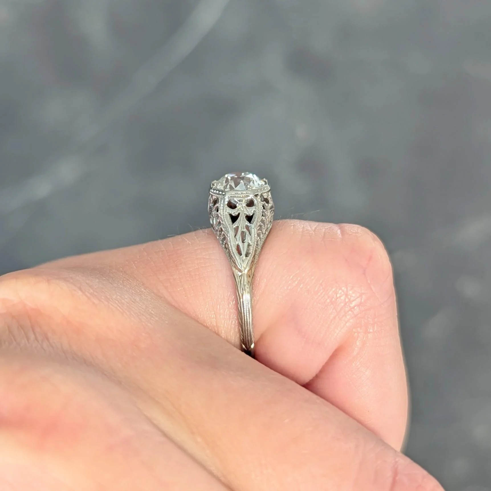 Art Deco 1.02 CTW Old European Diamond 18 Karat White Gold Foliate Antique Engagement Ring GIA - Image 14