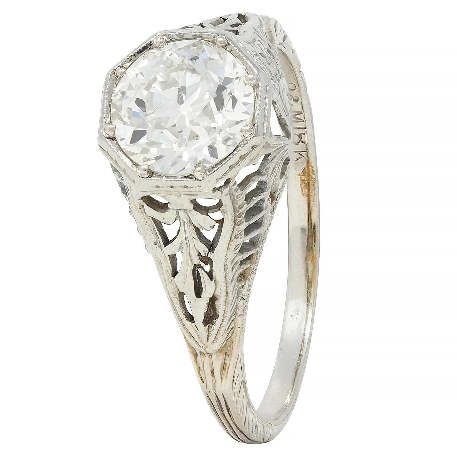 Art Deco 1.02 CTW Old European Diamond 18 Karat White Gold Foliate Antique Engagement Ring GIA - Image 7