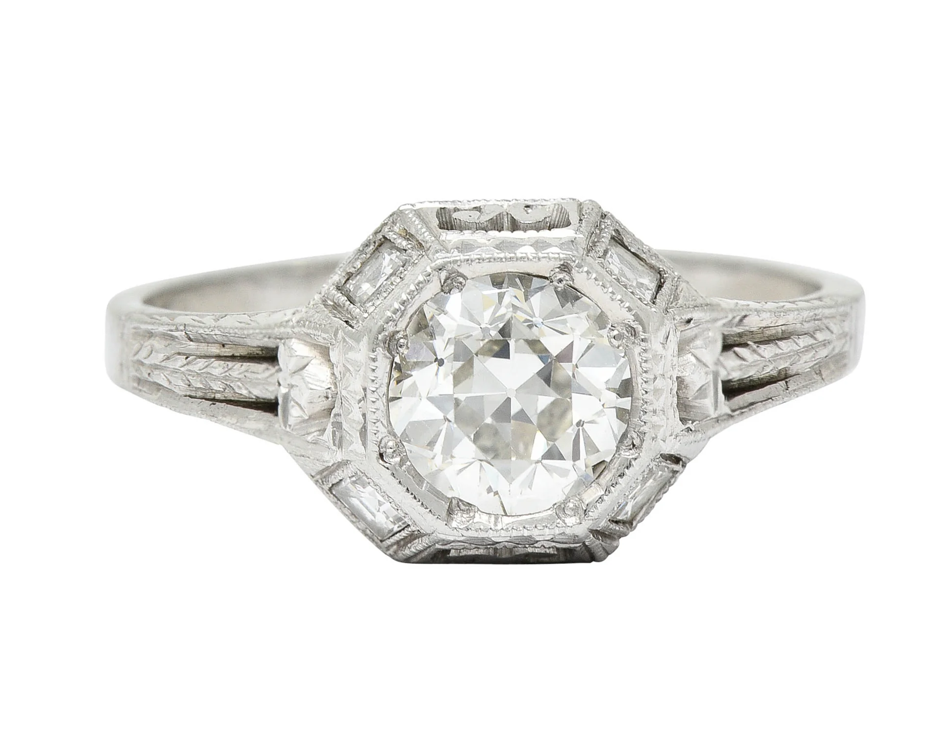 Art Deco 1.05 CTW Diamond 18 Karat White Gold Foliate Engagement Ring