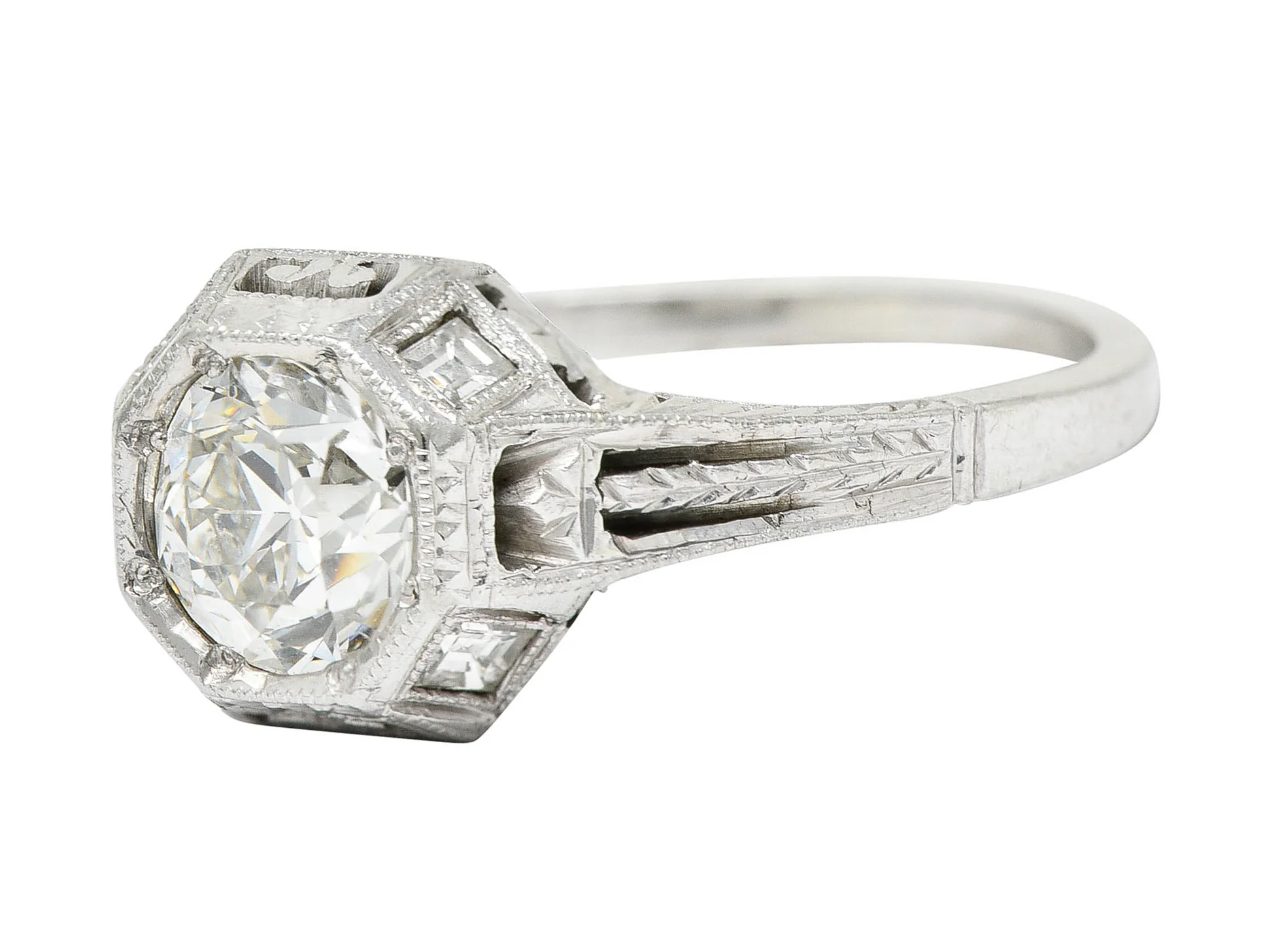 Art Deco 1.05 CTW Diamond 18 Karat White Gold Foliate Engagement Ring - Image 6