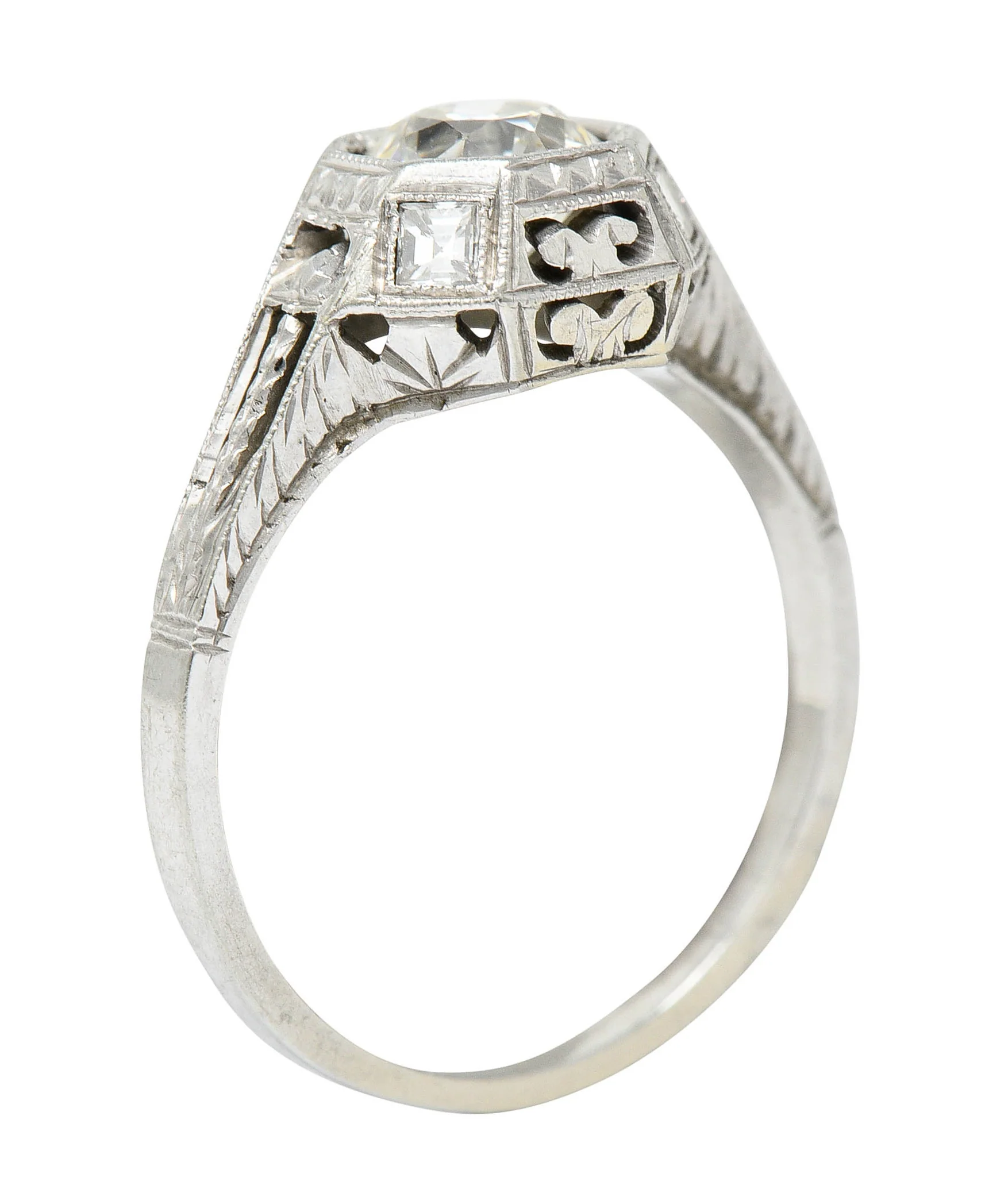 Art Deco 1.05 CTW Diamond 18 Karat White Gold Foliate Engagement Ring - Image 8