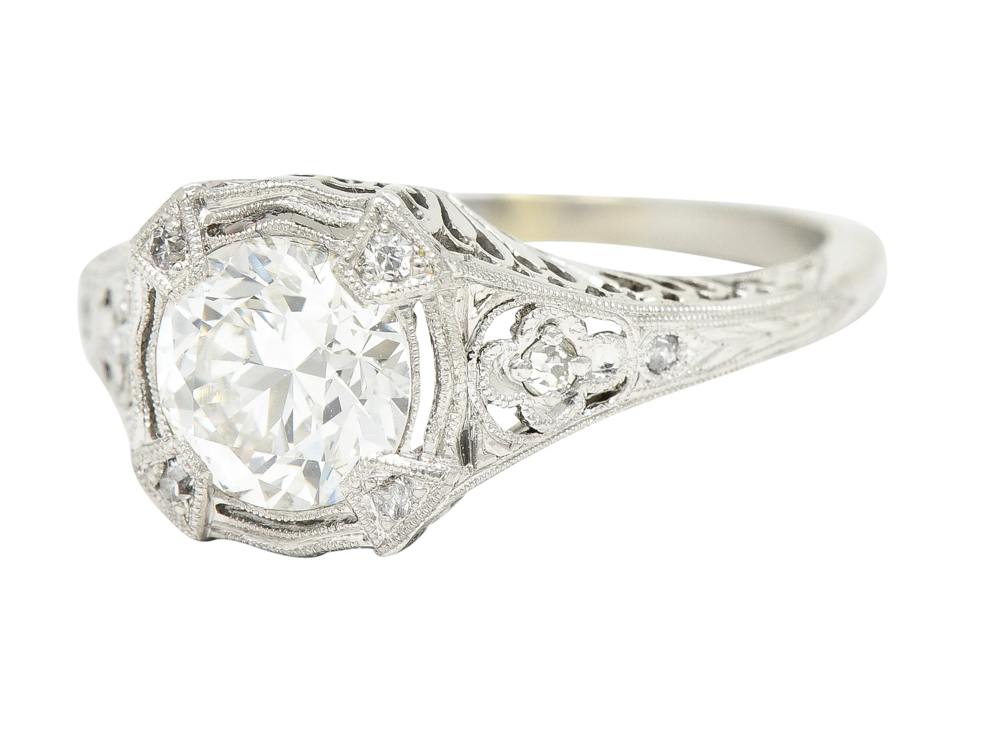 Art Deco 1.08 CTW Old European Cut Diamond Platinum Lotus Filigree Engagement Ring - Image 7