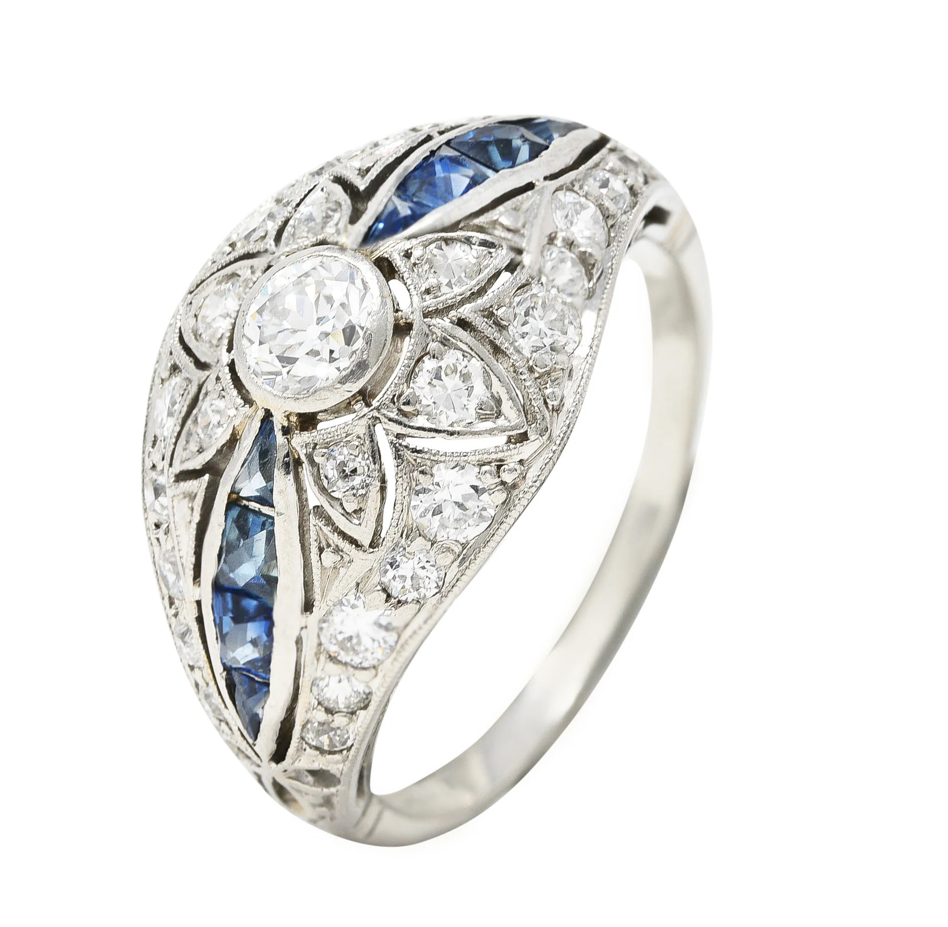 Art Deco 1.08 CTW Old European Cut Diamond Sapphire Floral Bombay Vintage Band Ring - Image 9