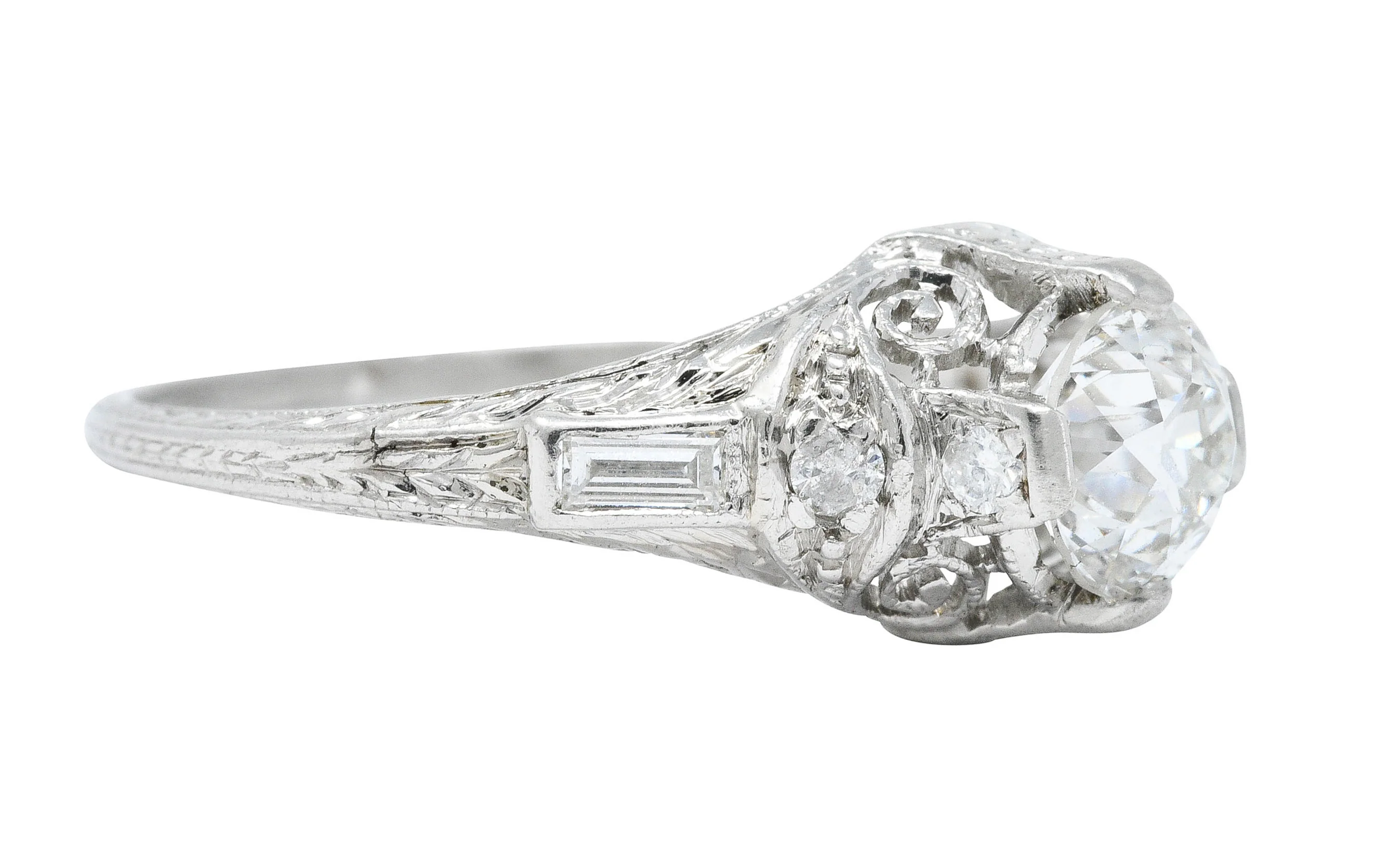 Art Deco 1.09 CTW Diamond Platinum Scrolled Volute Engagement Ring GIA - Image 2