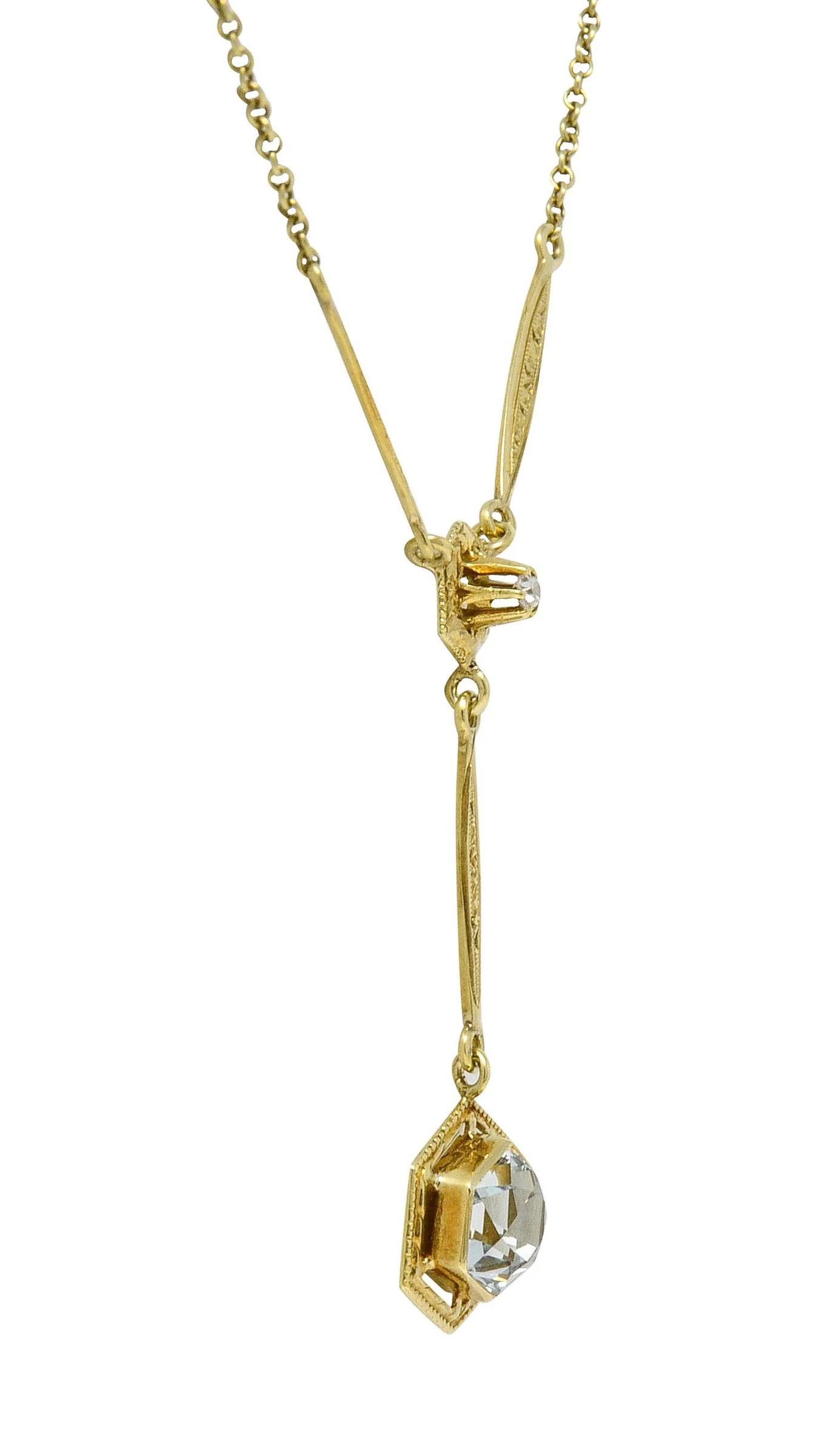 Art Deco 1.10 CTW Hexagonal Aquamarine Diamond 14 Karat Yellow Gold Antique Lavalier Drop Necklace - Image 7