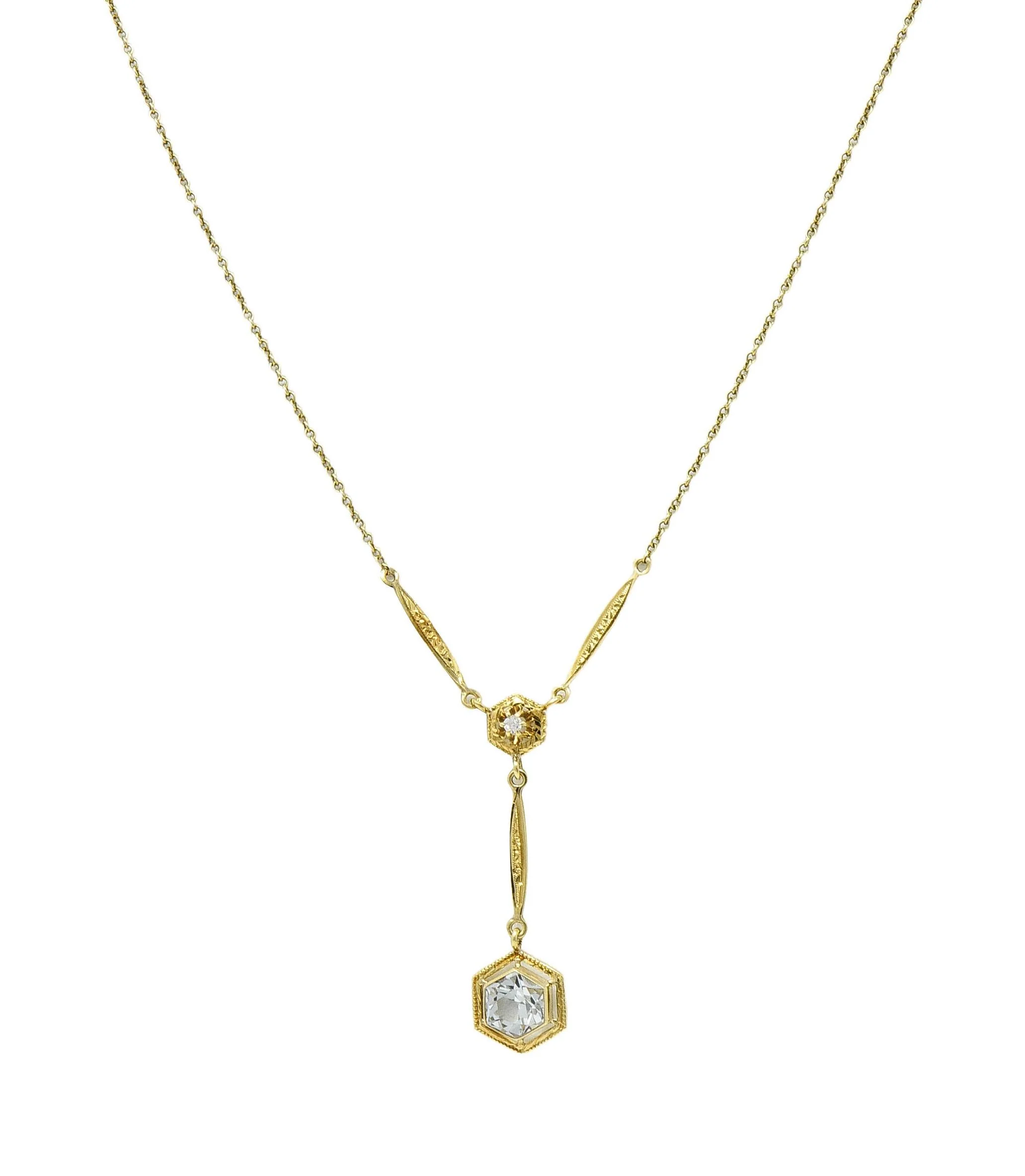 Art Deco 1.10 CTW Hexagonal Aquamarine Diamond 14 Karat Yellow Gold Antique Lavalier Drop Necklace - Image 8