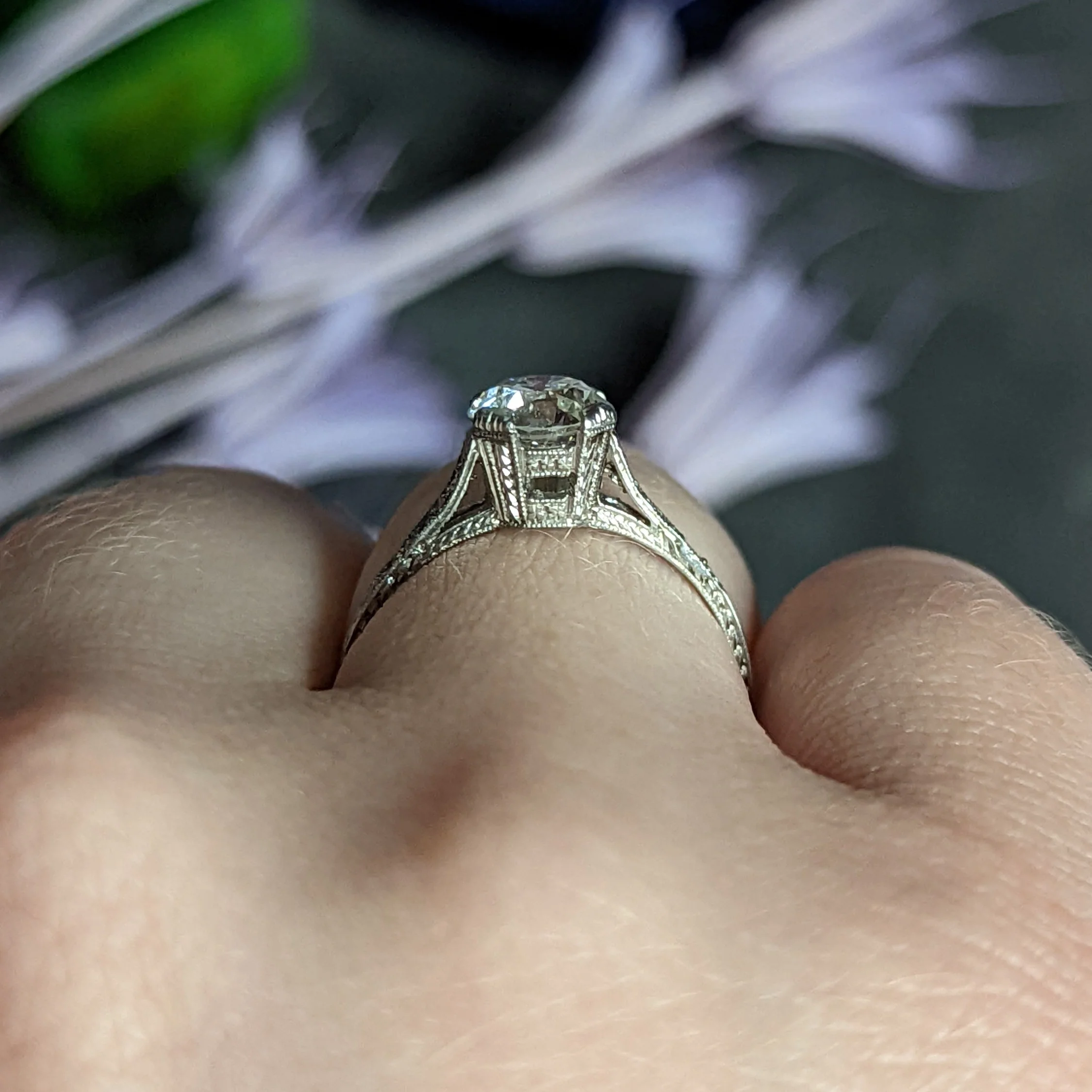 Art Deco 1.12 CTW Diamond Platinum Wheat Engagement Ring - Image 15