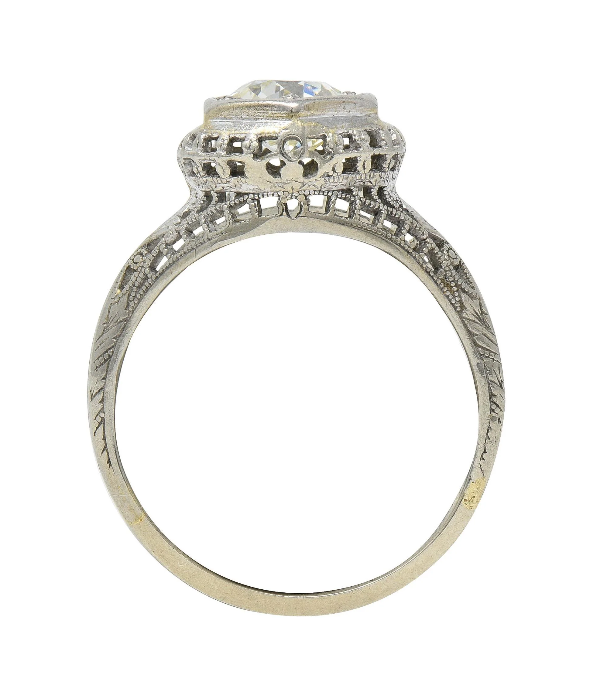 Art Deco 1.12 CTW Old European Diamond 18 Karat White Gold Trellis Engagement Ring GIA - Image 10