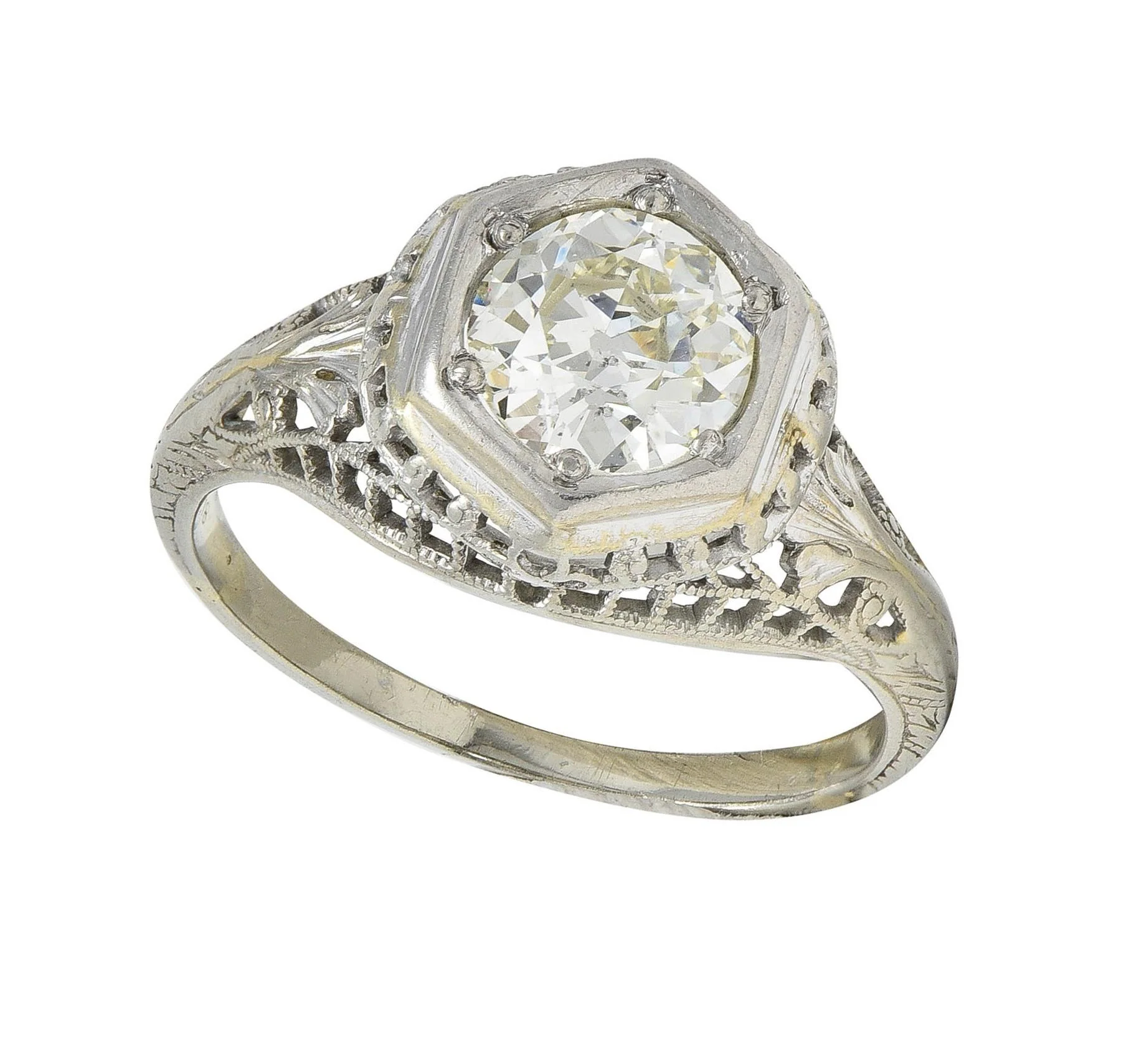 Art Deco 1.12 CTW Old European Diamond 18 Karat White Gold Trellis Engagement Ring GIA - Image 11