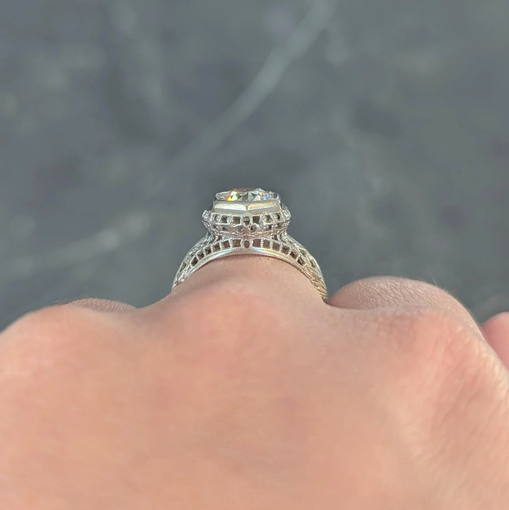 Art Deco 1.12 CTW Old European Diamond 18 Karat White Gold Trellis Engagement Ring GIA - Image 13