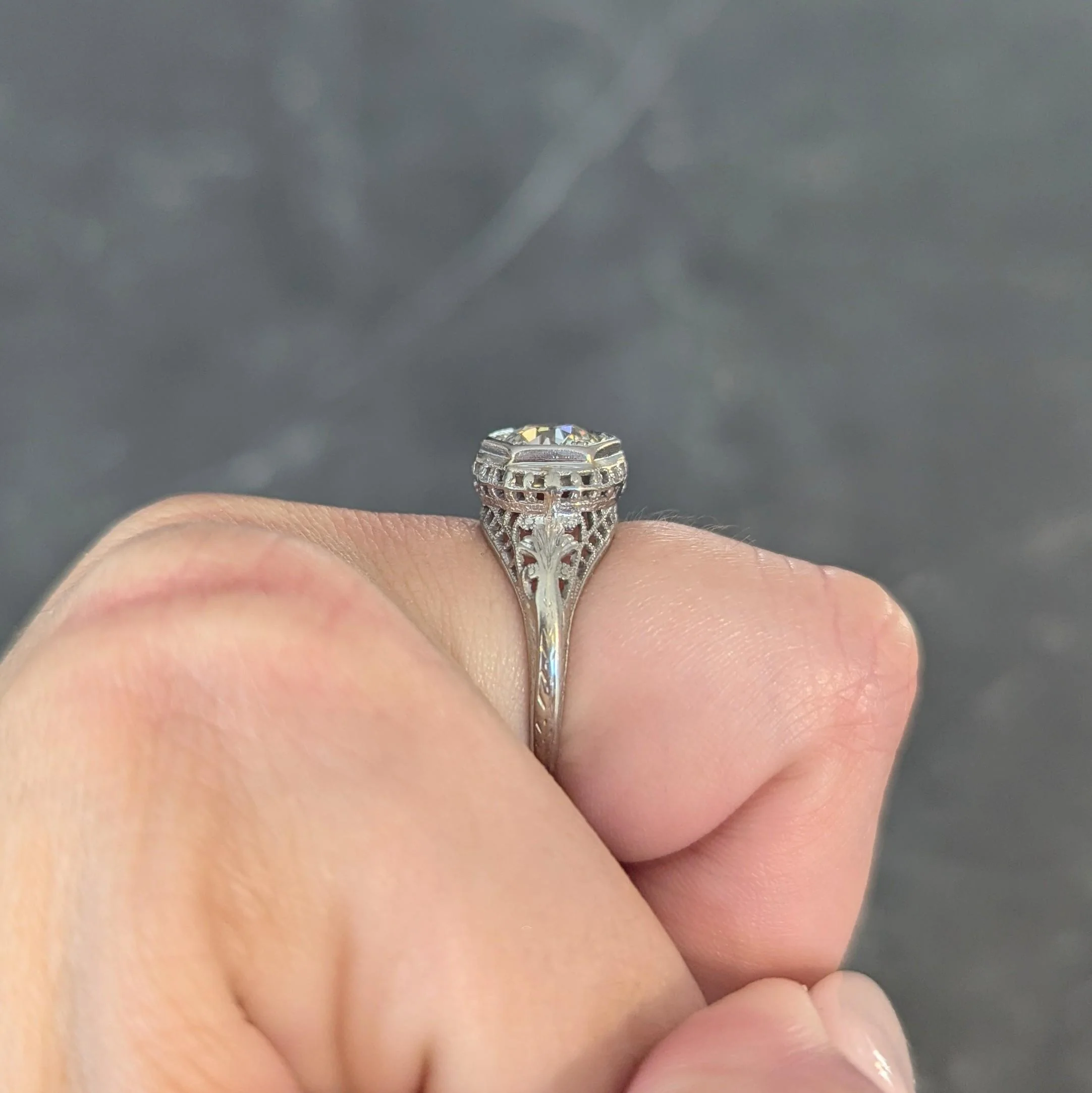 Art Deco 1.12 CTW Old European Diamond 18 Karat White Gold Trellis Engagement Ring GIA - Image 14