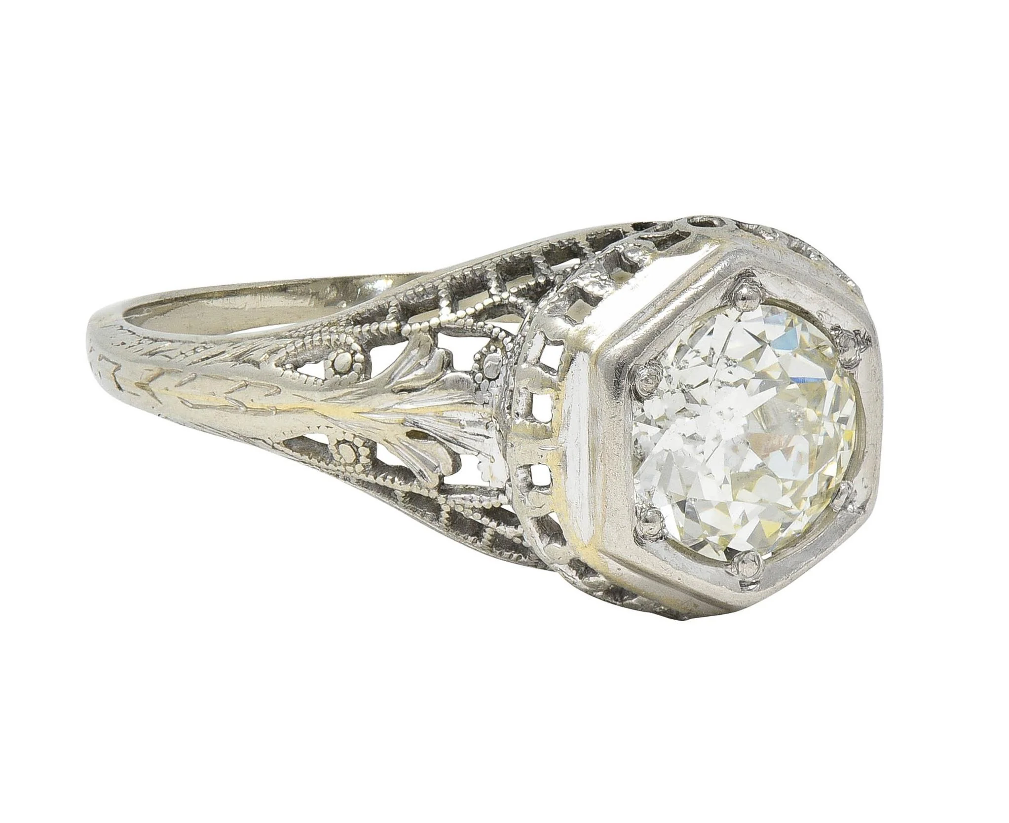 Art Deco 1.12 CTW Old European Diamond 18 Karat White Gold Trellis Engagement Ring GIA - Image 2
