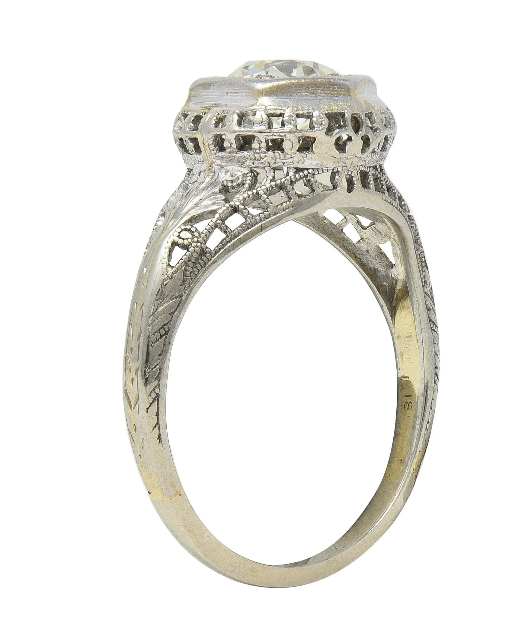Art Deco 1.12 CTW Old European Diamond 18 Karat White Gold Trellis Engagement Ring GIA - Image 3