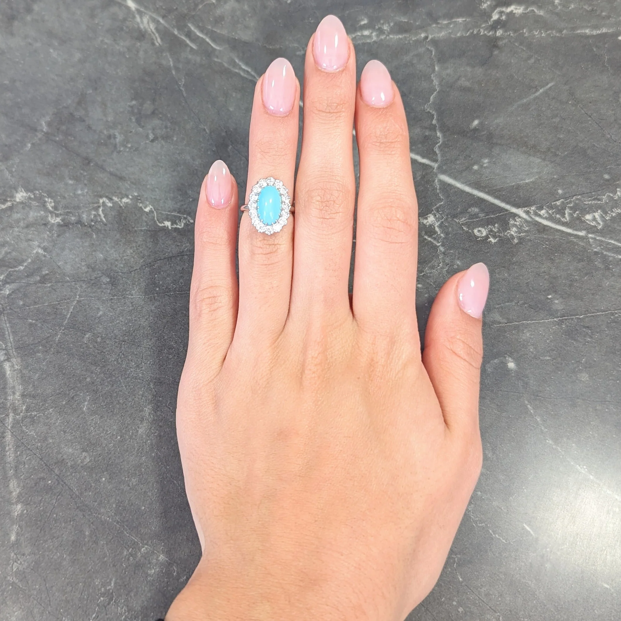 Art Deco 1.12 CTW Turquoise Cabochon Transitional Cut Diamond Platinum Vintage Halo Ring - Image 11