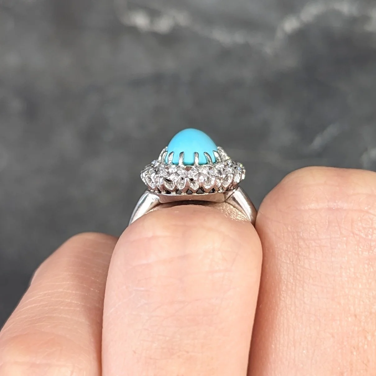 Art Deco 1.12 CTW Turquoise Cabochon Transitional Cut Diamond Platinum Vintage Halo Ring - Image 12