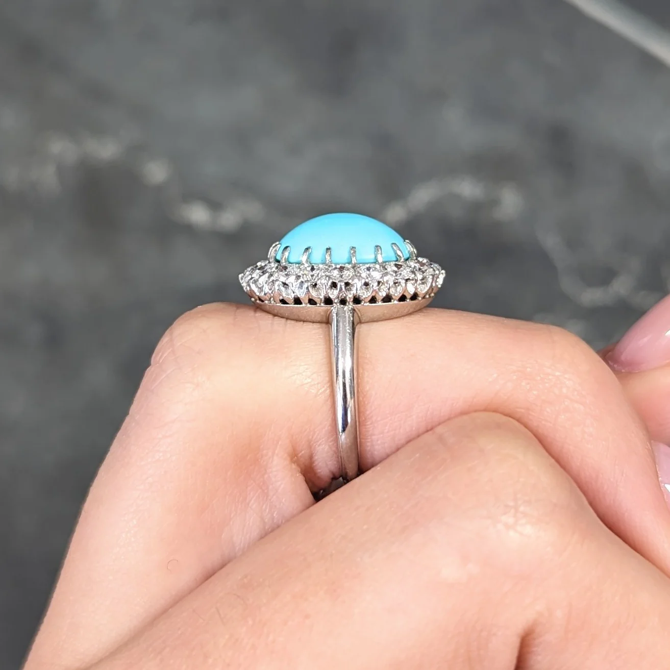 Art Deco 1.12 CTW Turquoise Cabochon Transitional Cut Diamond Platinum Vintage Halo Ring - Image 13