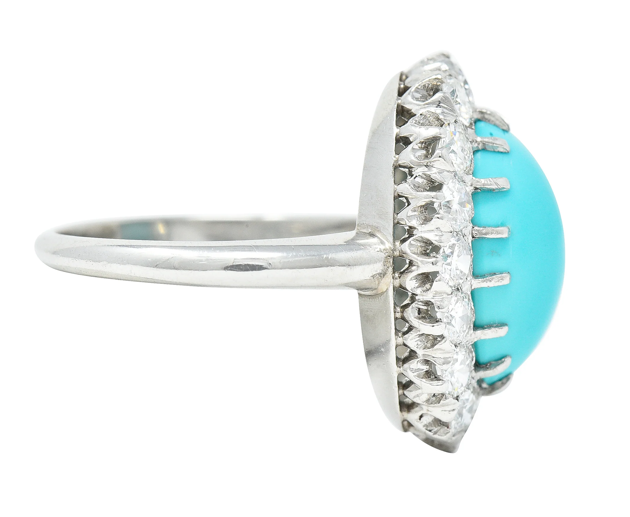Art Deco 1.12 CTW Turquoise Cabochon Transitional Cut Diamond Platinum Vintage Halo Ring - Image 3