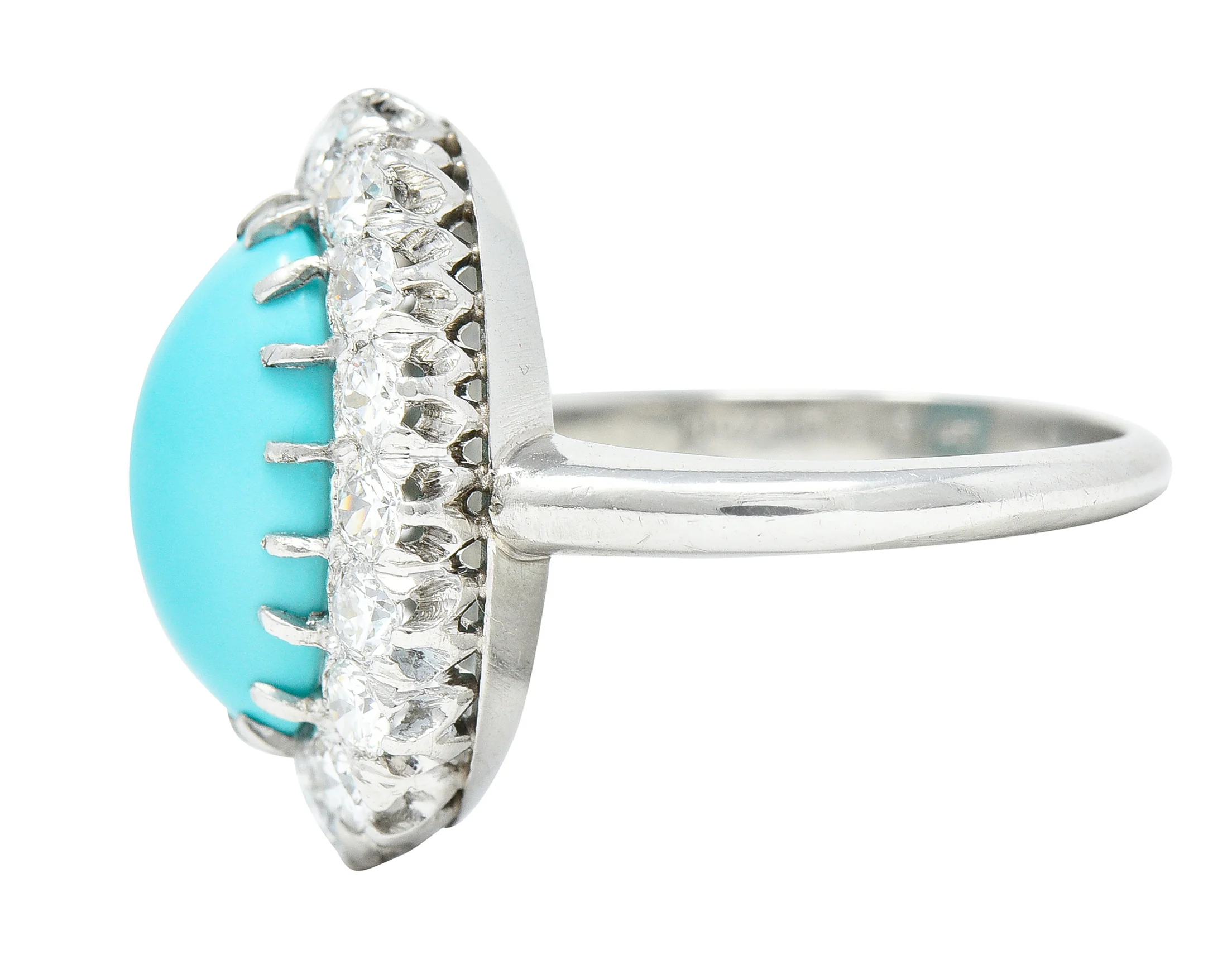 Art Deco 1.12 CTW Turquoise Cabochon Transitional Cut Diamond Platinum Vintage Halo Ring - Image 5