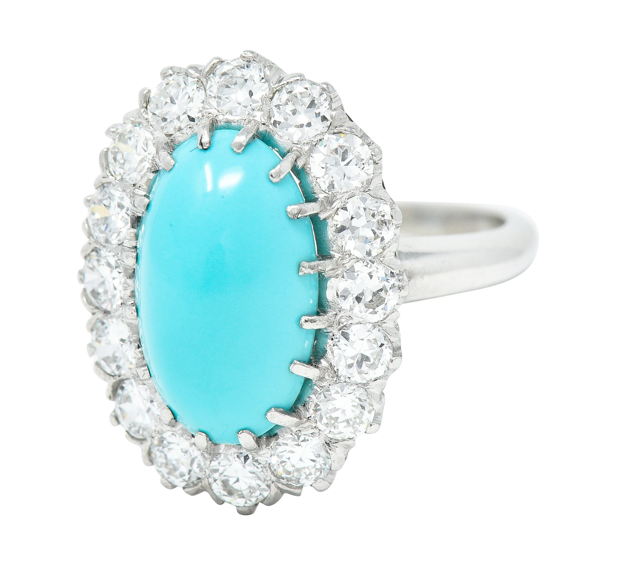 Art Deco 1.12 CTW Turquoise Cabochon Transitional Cut Diamond Platinum Vintage Halo Ring - Image 6