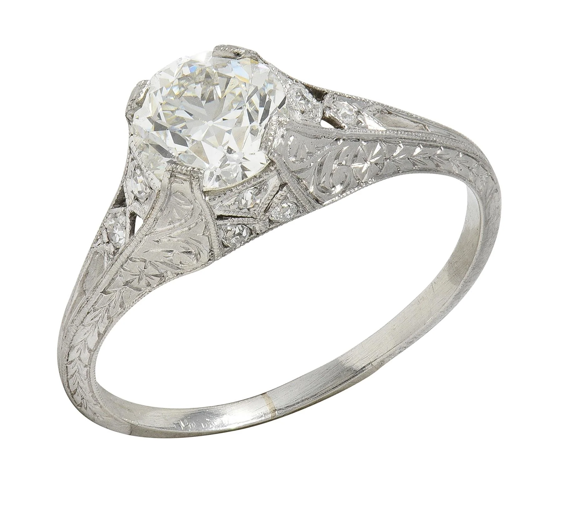 Art Deco 1.13 CTW Old European Cut Diamond Platinum Orange Blossom Wheat Engagement Ring - Image 8