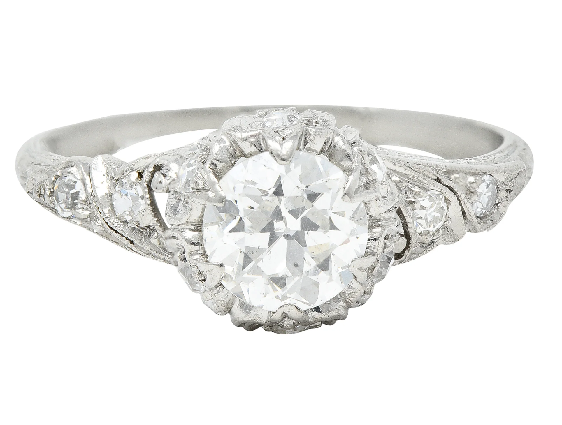 Art Deco 1.14 CTW Old European Cut Diamond Platinum Swirling Fleur-De-Lis Engagement Ring
