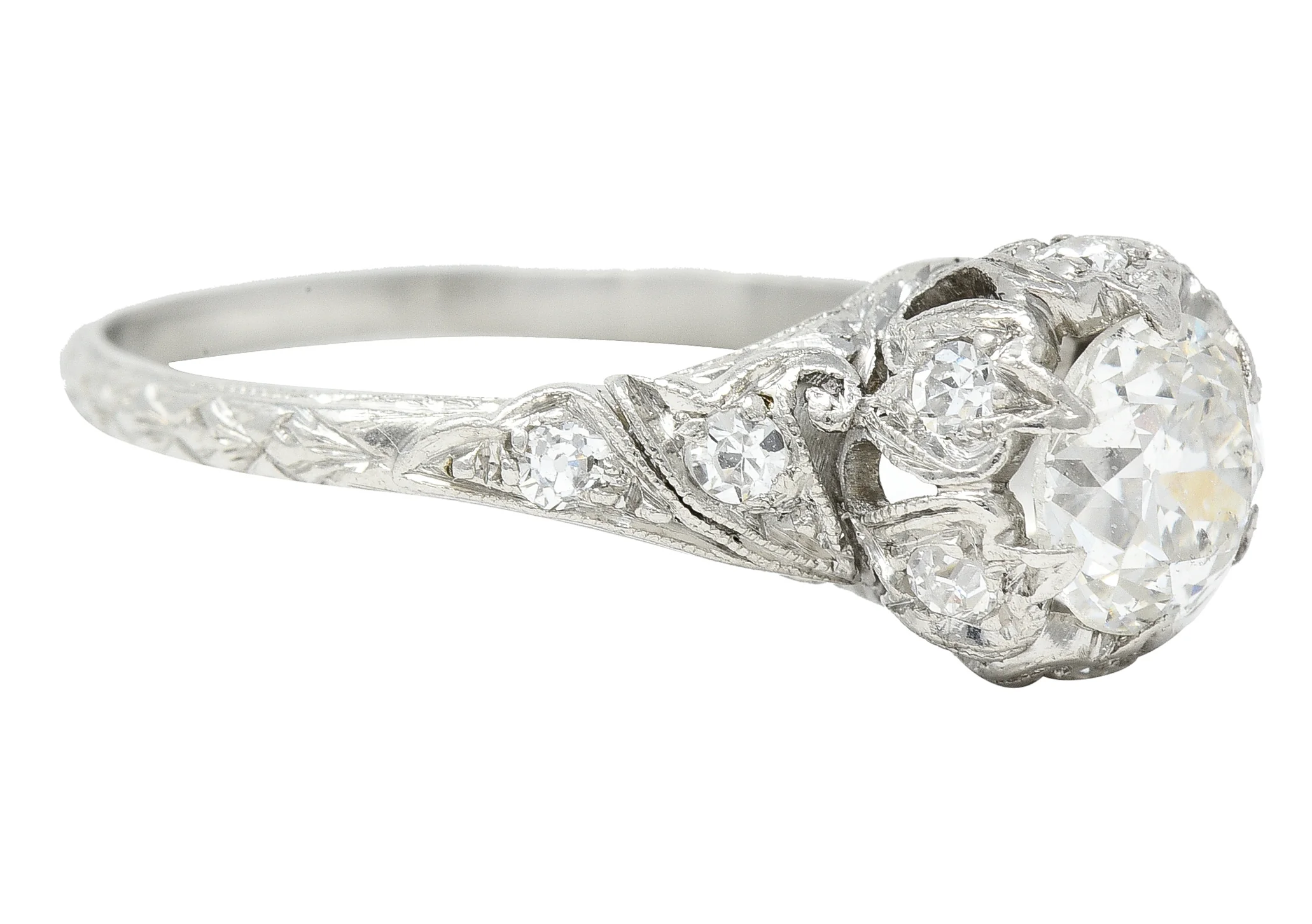 Art Deco 1.14 CTW Old European Cut Diamond Platinum Swirling Fleur-De-Lis Engagement Ring - Image 2