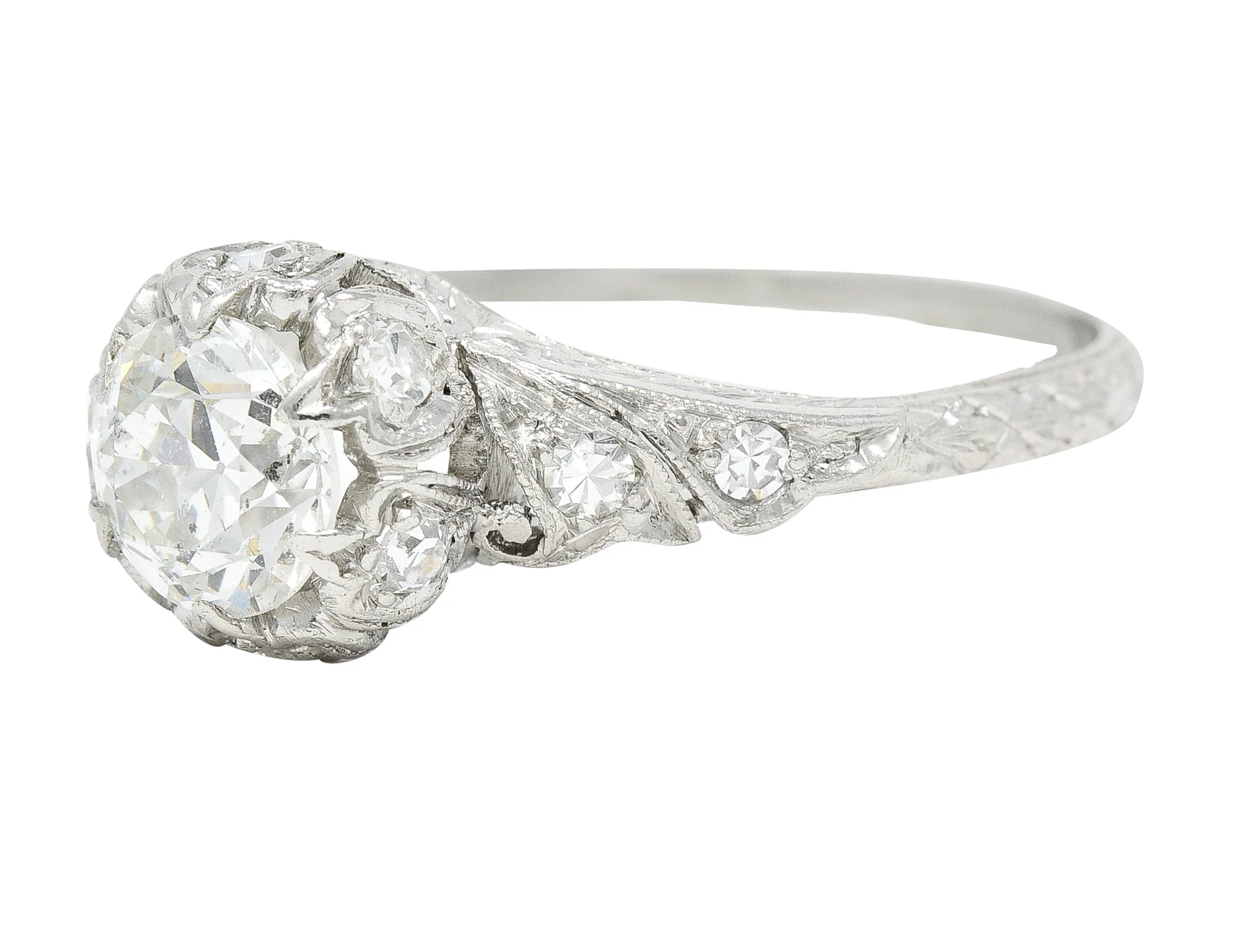 Art Deco 1.14 CTW Old European Cut Diamond Platinum Swirling Fleur-De-Lis Engagement Ring - Image 6