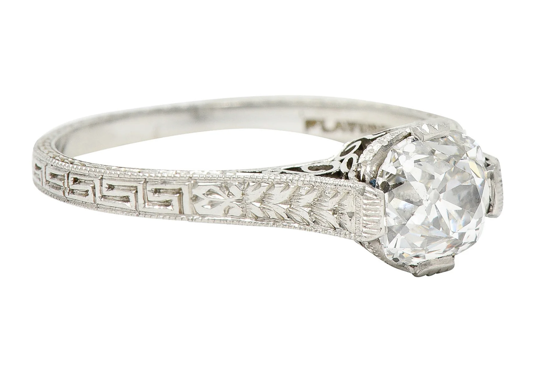 Art Deco 1.15 CTW Diamond Platinum Greek Key Engagement Ring - Image 3