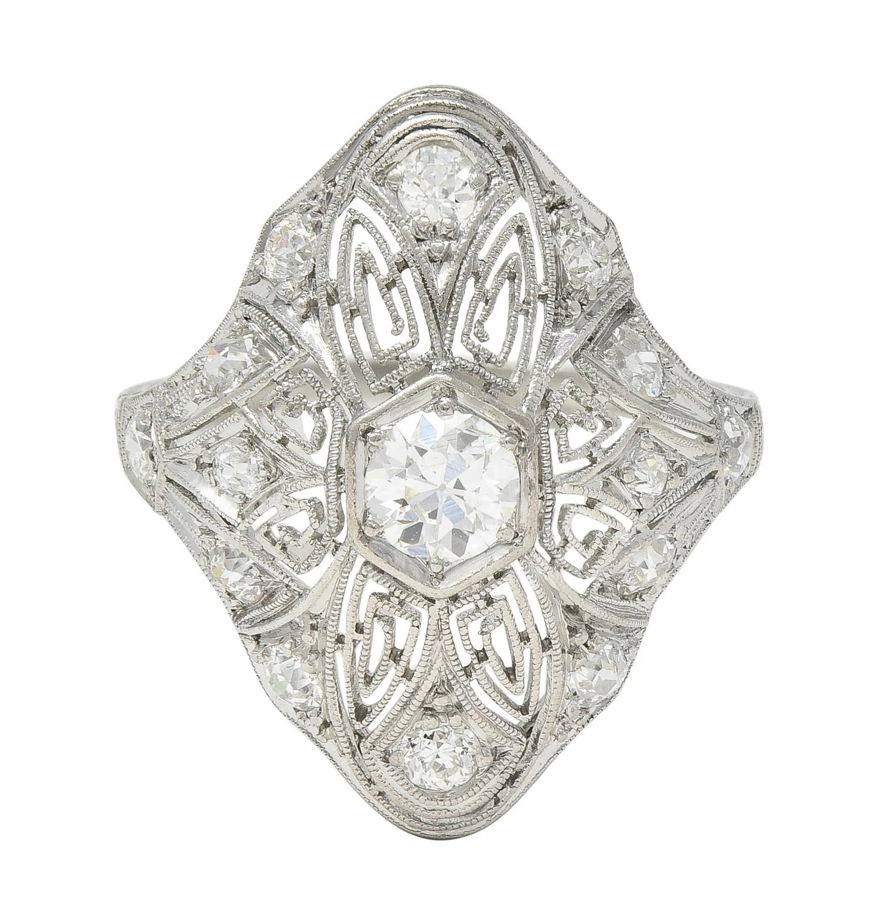Art Deco 1.15 CTW Diamond Platinum Vintage Greek Key Navette Ring