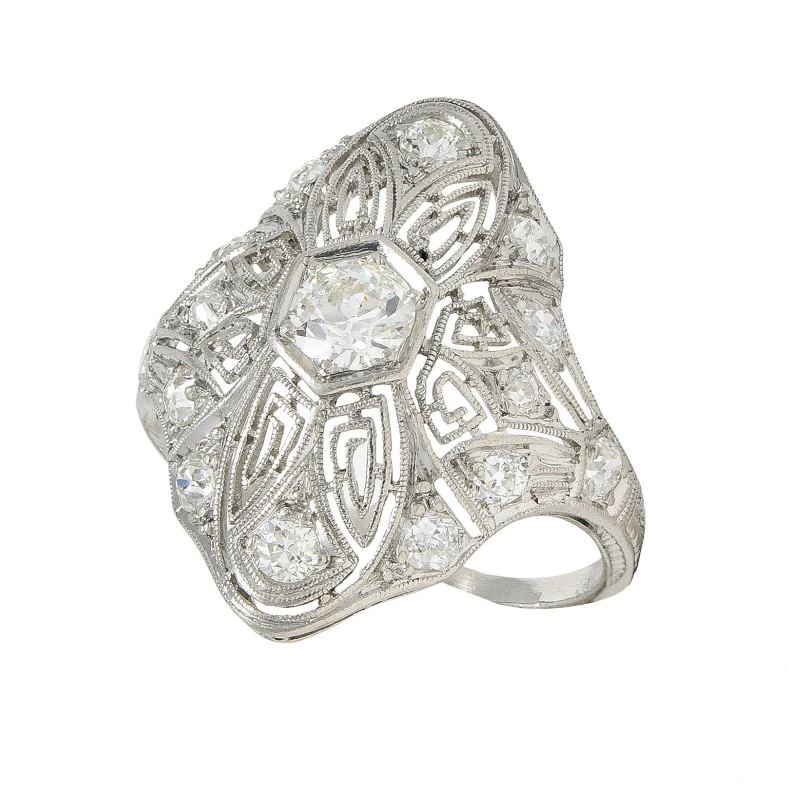 Art Deco 1.15 CTW Diamond Platinum Vintage Greek Key Navette Ring - Image 11