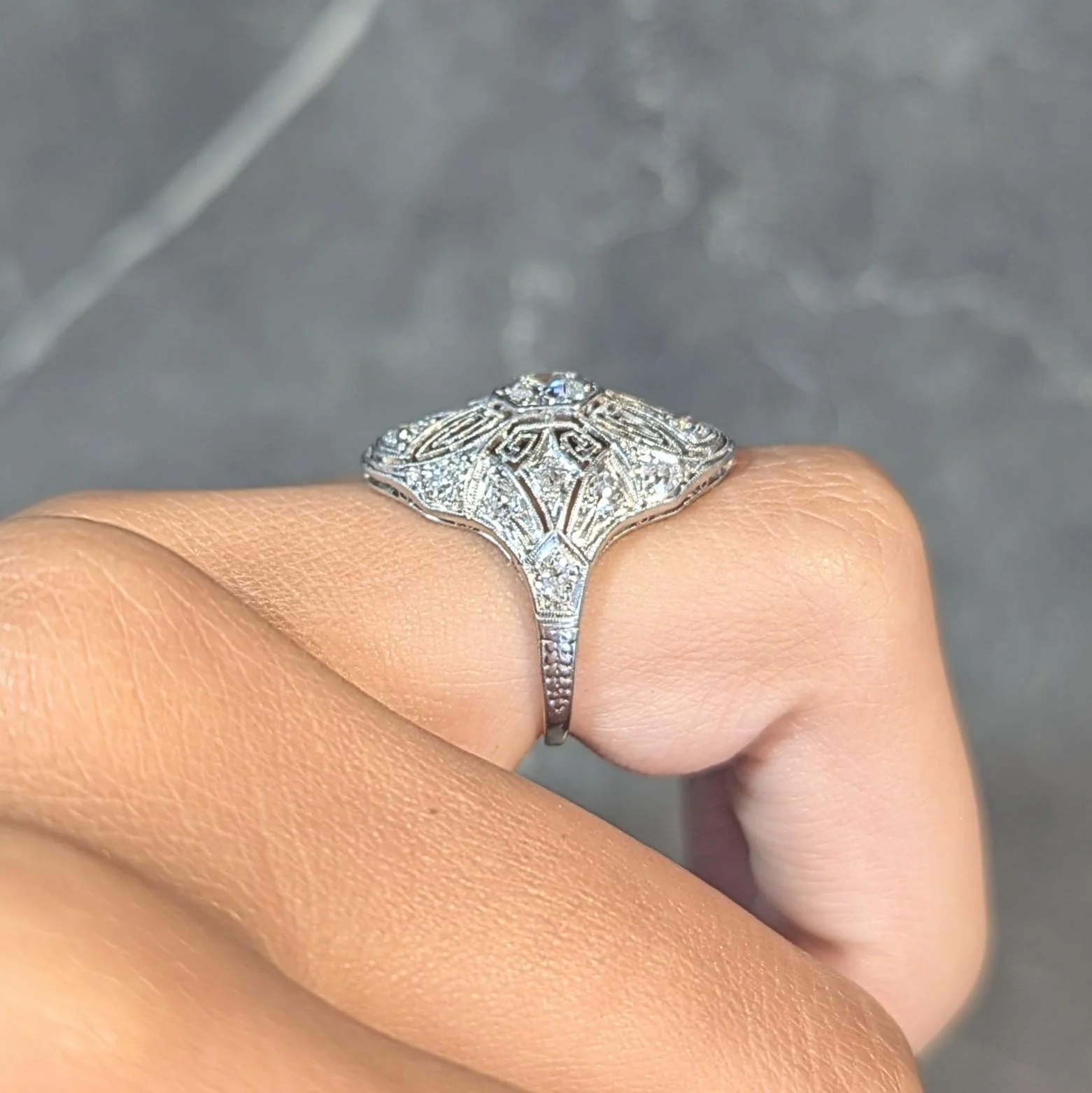 Art Deco 1.15 CTW Diamond Platinum Vintage Greek Key Navette Ring - Image 14