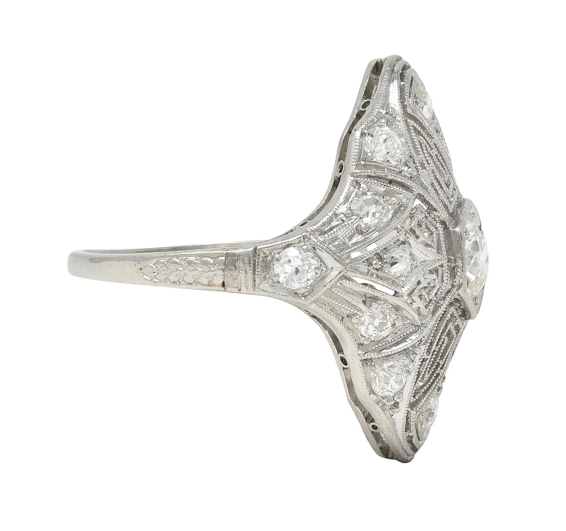 Art Deco 1.15 CTW Diamond Platinum Vintage Greek Key Navette Ring - Image 3