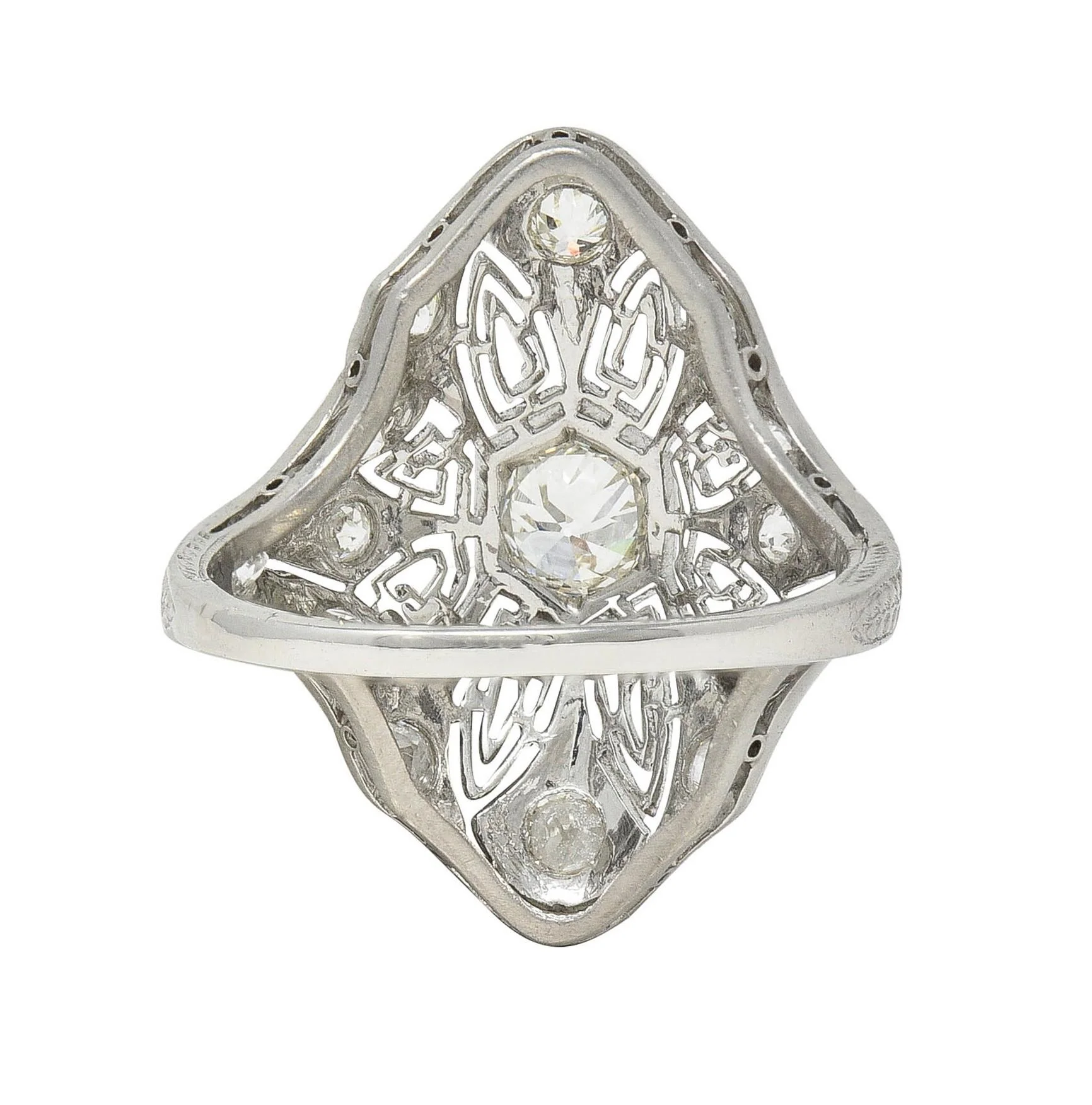 Art Deco 1.15 CTW Diamond Platinum Vintage Greek Key Navette Ring - Image 4