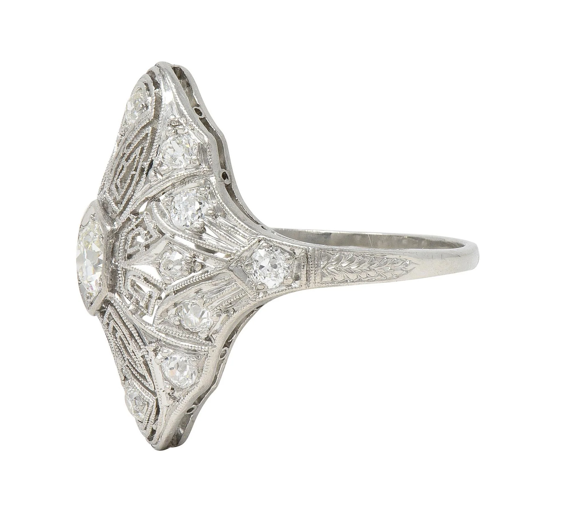 Art Deco 1.15 CTW Diamond Platinum Vintage Greek Key Navette Ring - Image 5
