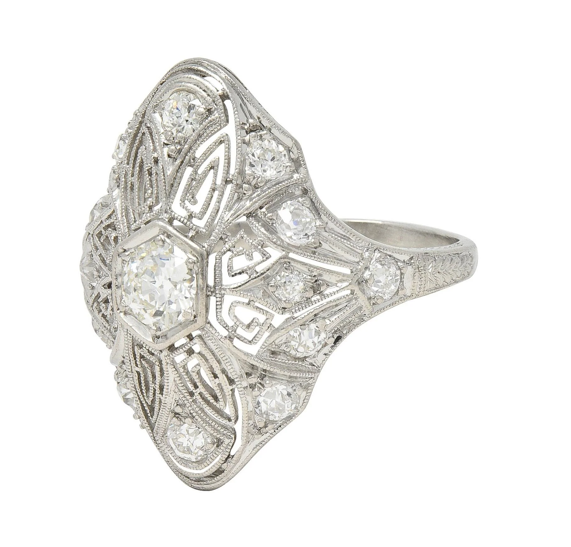 Art Deco 1.15 CTW Diamond Platinum Vintage Greek Key Navette Ring - Image 6