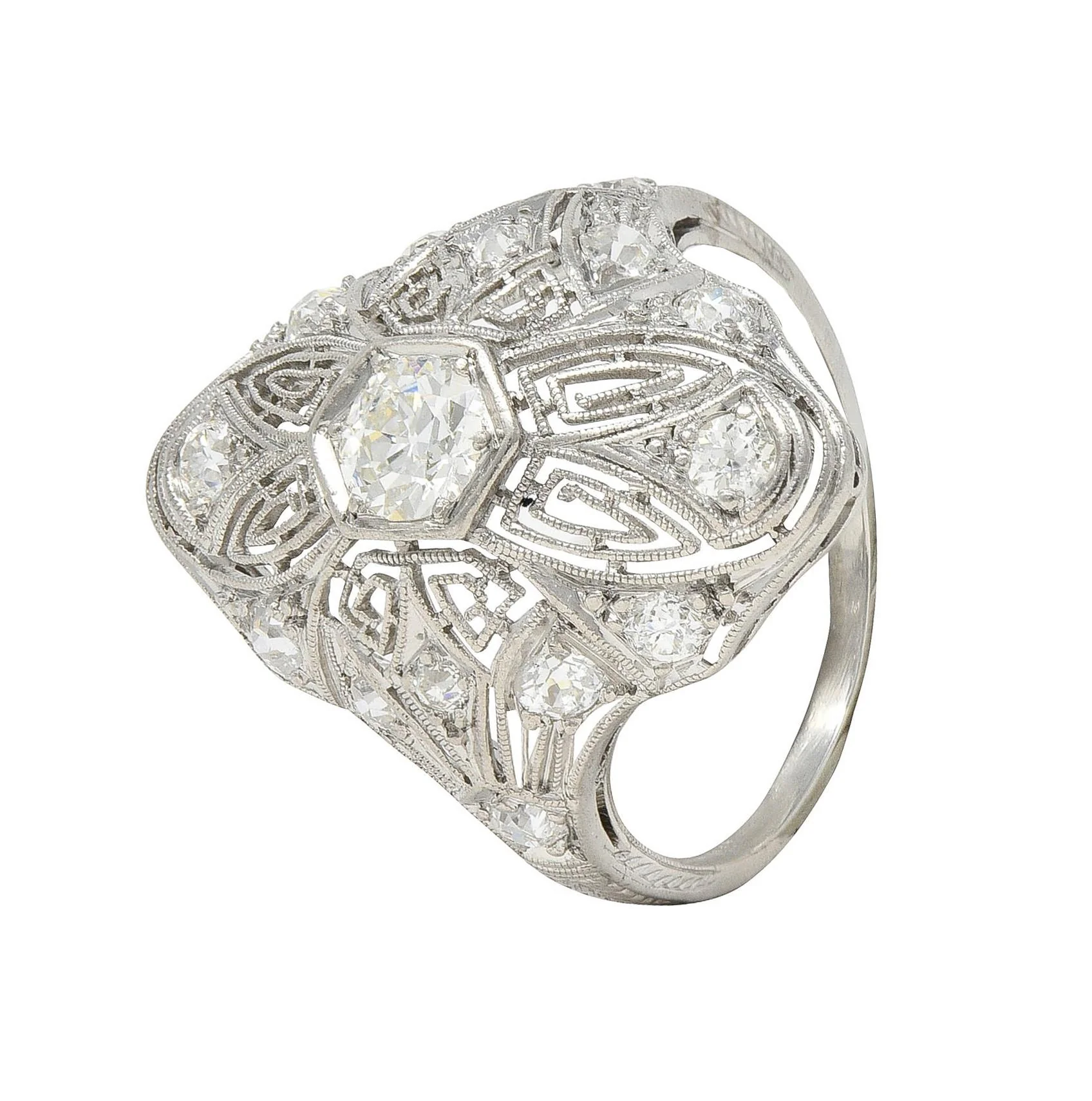 Art Deco 1.15 CTW Diamond Platinum Vintage Greek Key Navette Ring - Image 8