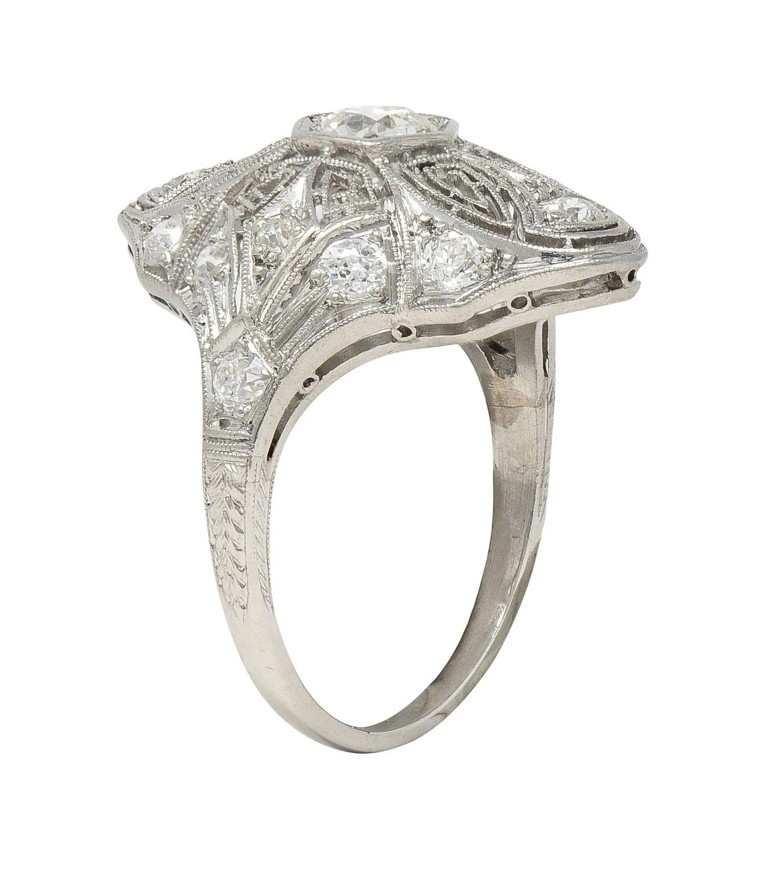 Art Deco 1.15 CTW Diamond Platinum Vintage Greek Key Navette Ring - Image 9