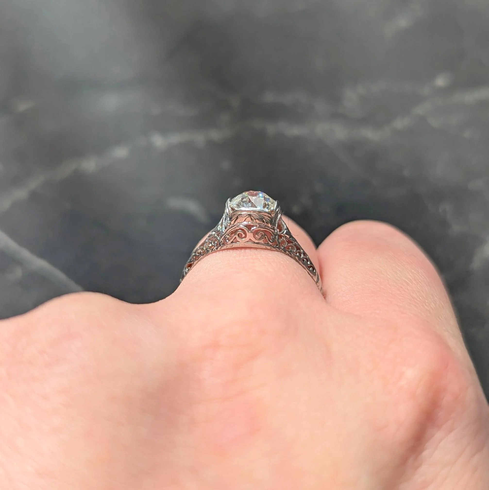 Art Deco 1.17 CTW Old Mine Cut Diamond Platinum Arching Scroll Antique Engagement Ring - Image 10