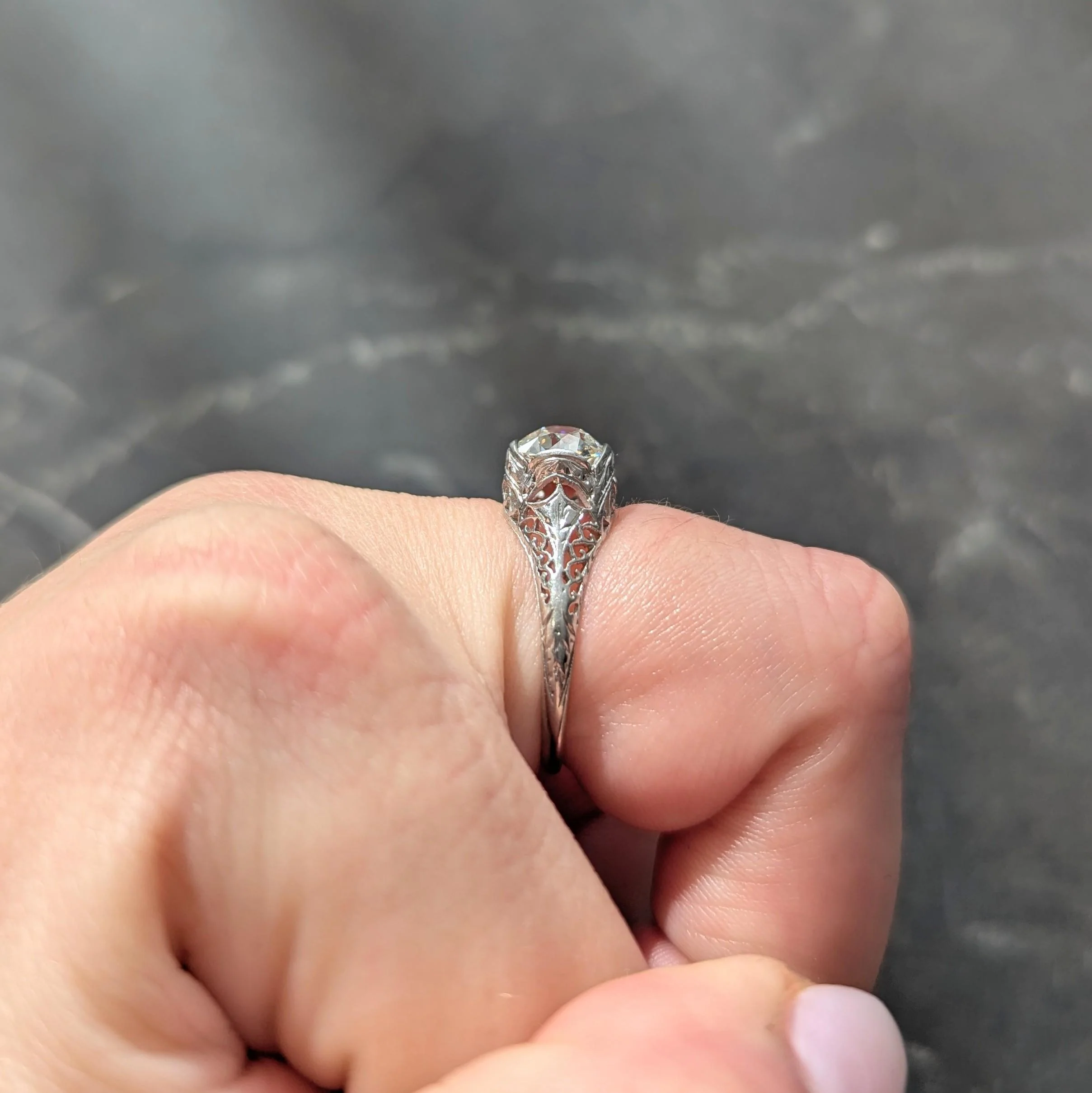 Art Deco 1.17 CTW Old Mine Cut Diamond Platinum Arching Scroll Antique Engagement Ring - Image 11