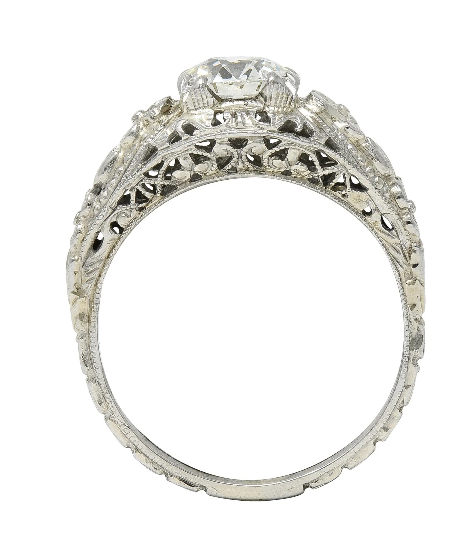 Art Deco 1.18 CTW Old European Cut Diamond 18 Karat White Gold Blossom Engagement Ring GIA - Image 10