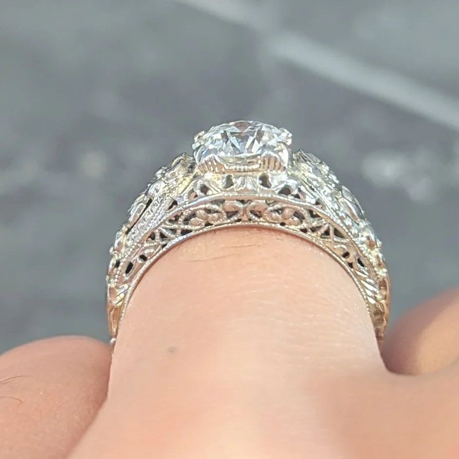 Art Deco 1.18 CTW Old European Cut Diamond 18 Karat White Gold Blossom Engagement Ring GIA - Image 15