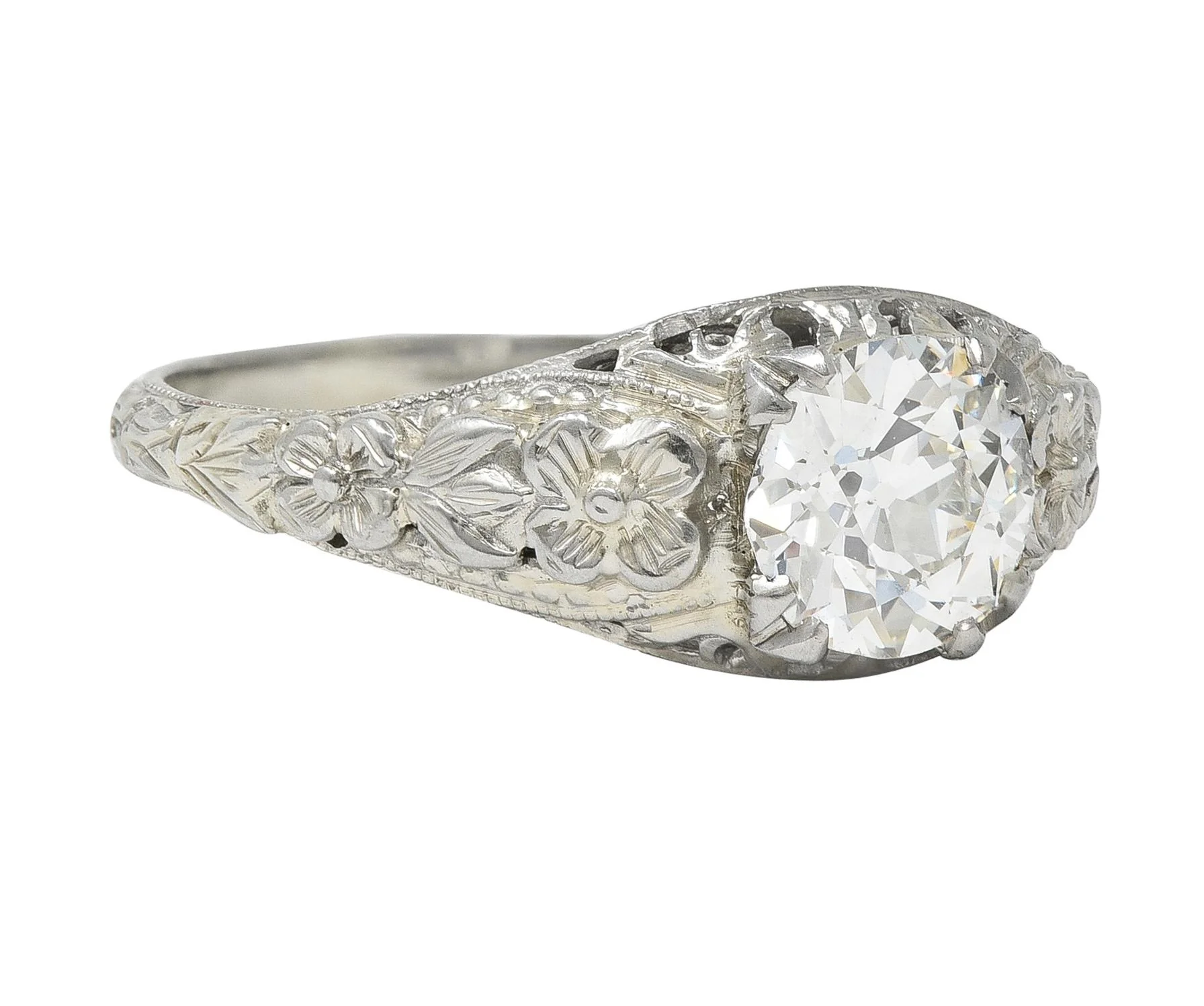 Art Deco 1.18 CTW Old European Cut Diamond 18 Karat White Gold Blossom Engagement Ring GIA - Image 3