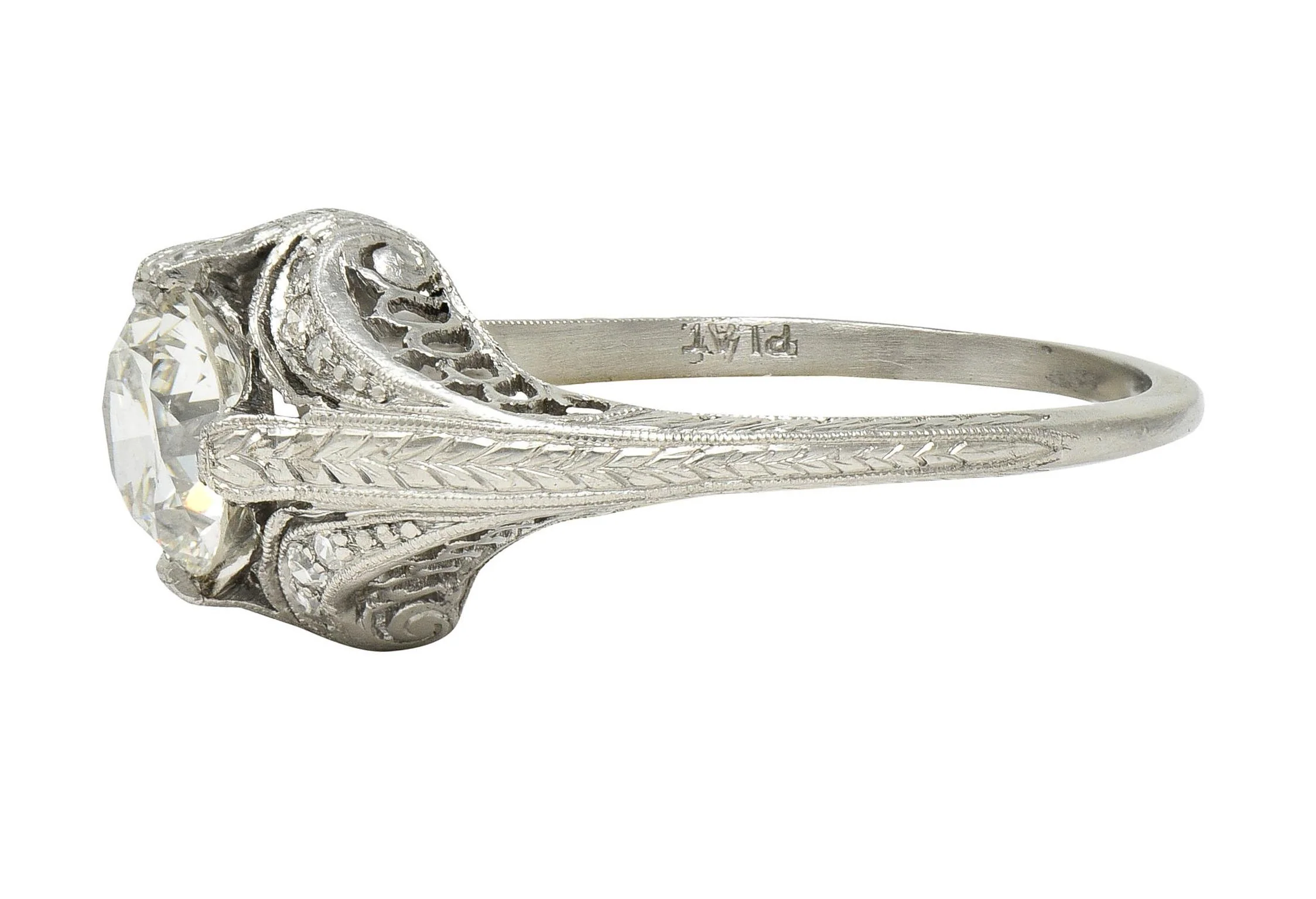 Art Deco 1.18 CTW Old European Diamond Platinum Antique Scrolling Engagement Ring - Image 5