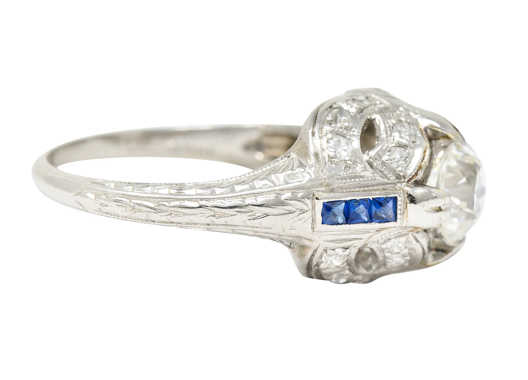 Art Deco 1.19 CTW Old European Cut Diamond Sapphire Platinum Ribbon Antique Engagement Ring - Image 4