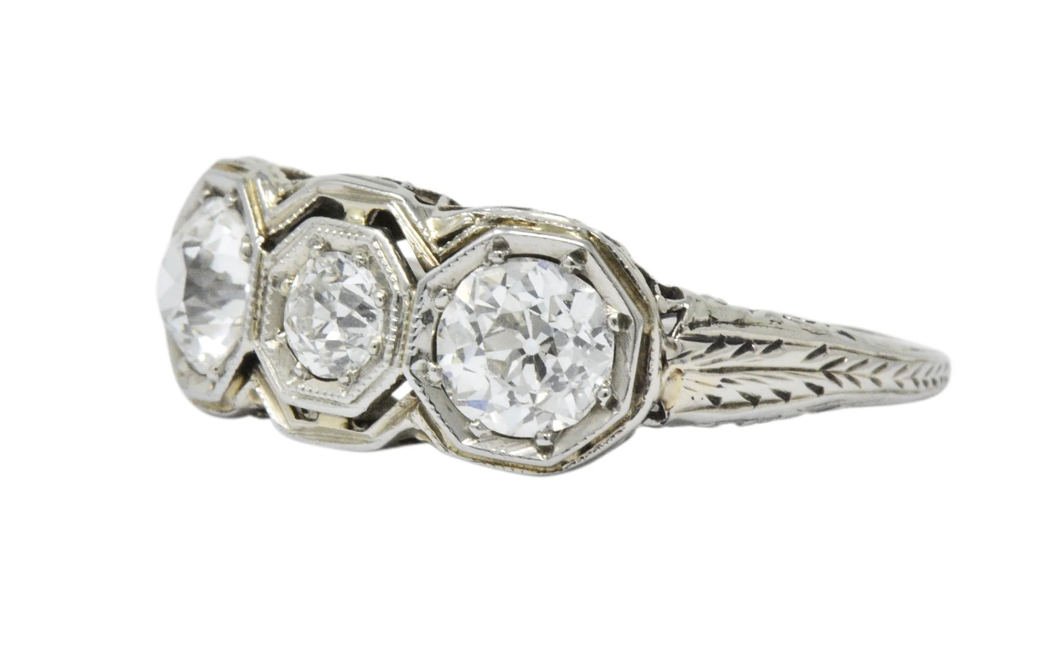 Art Deco 1.20 CTW Diamond 18 Karat White Gold 3 Stone Ring - Image 2