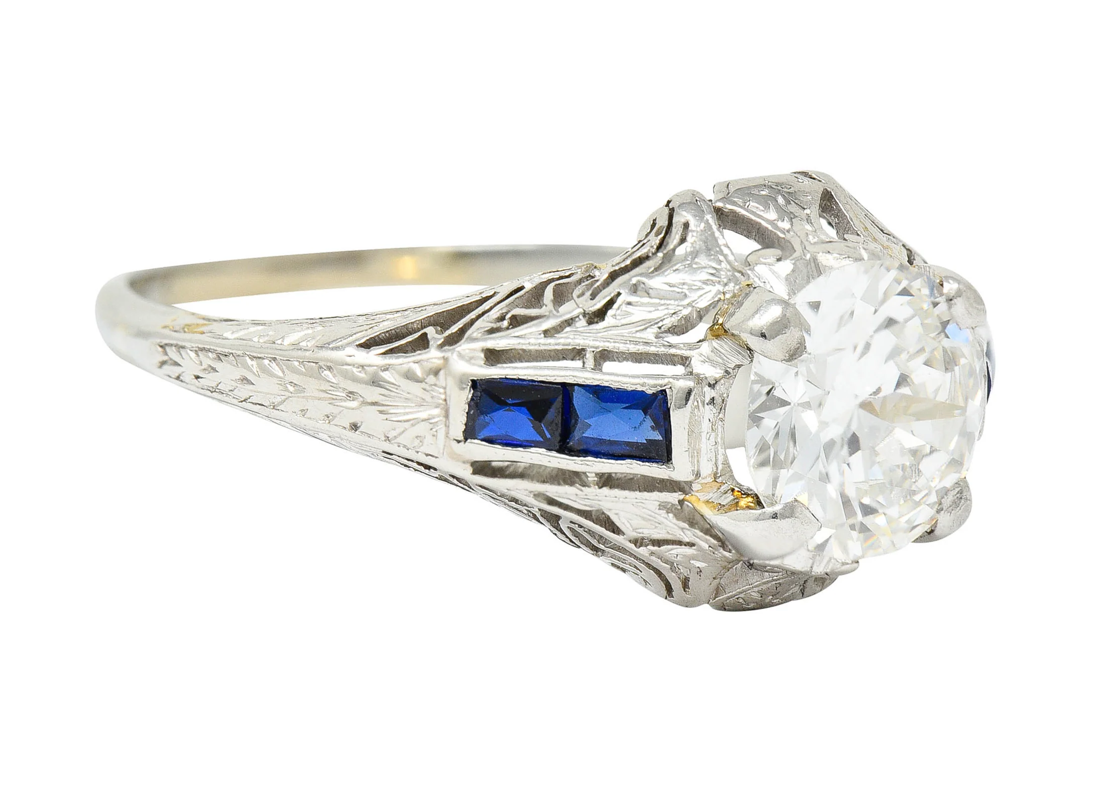 Art Deco 1.20 CTW Diamond Sapphire 14 Karat White Gold Engagement Ring - Image 3