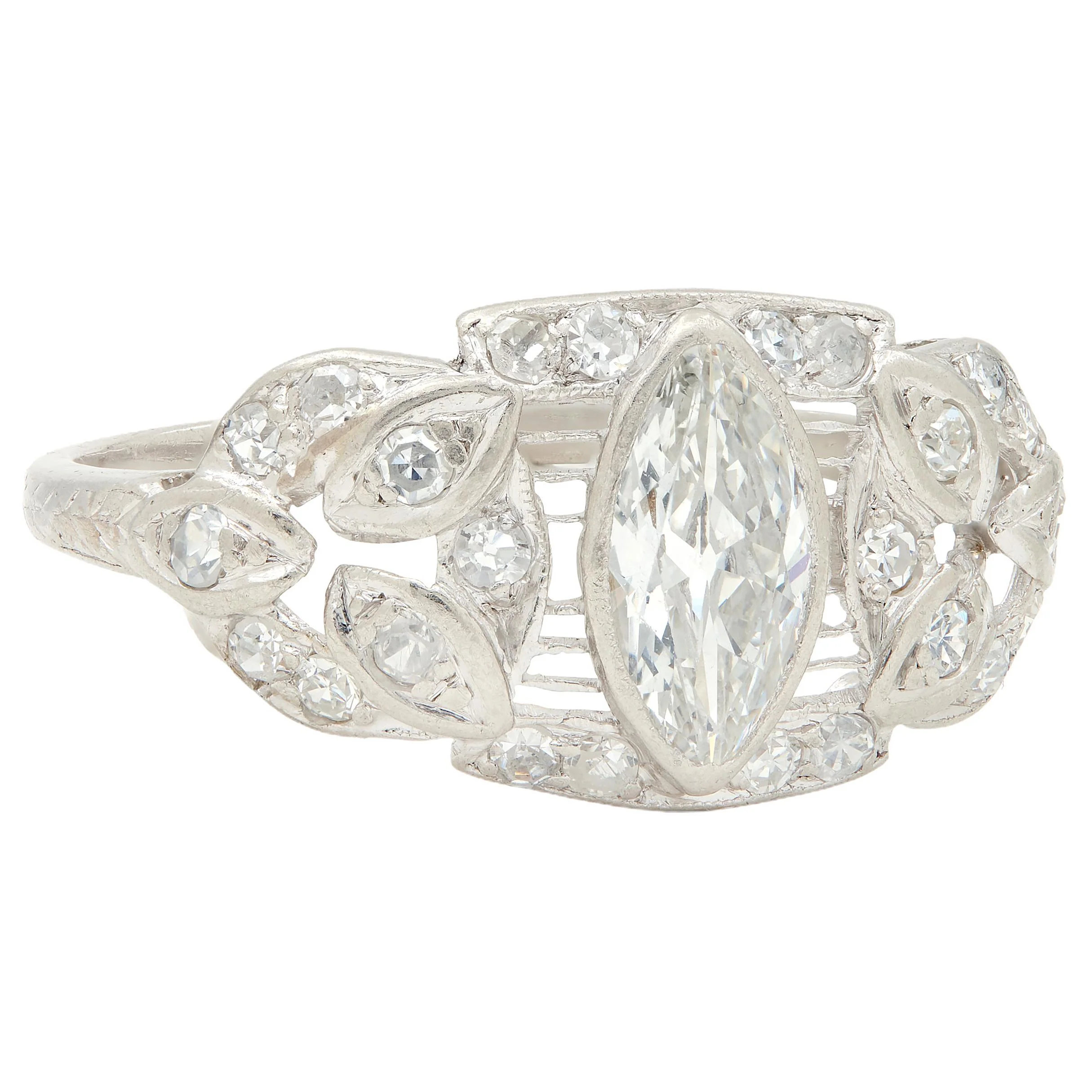 Art Deco 1.20 CTW Marquise Cut Diamond Platinum Foliate Antique Engagement Ring - Image 3