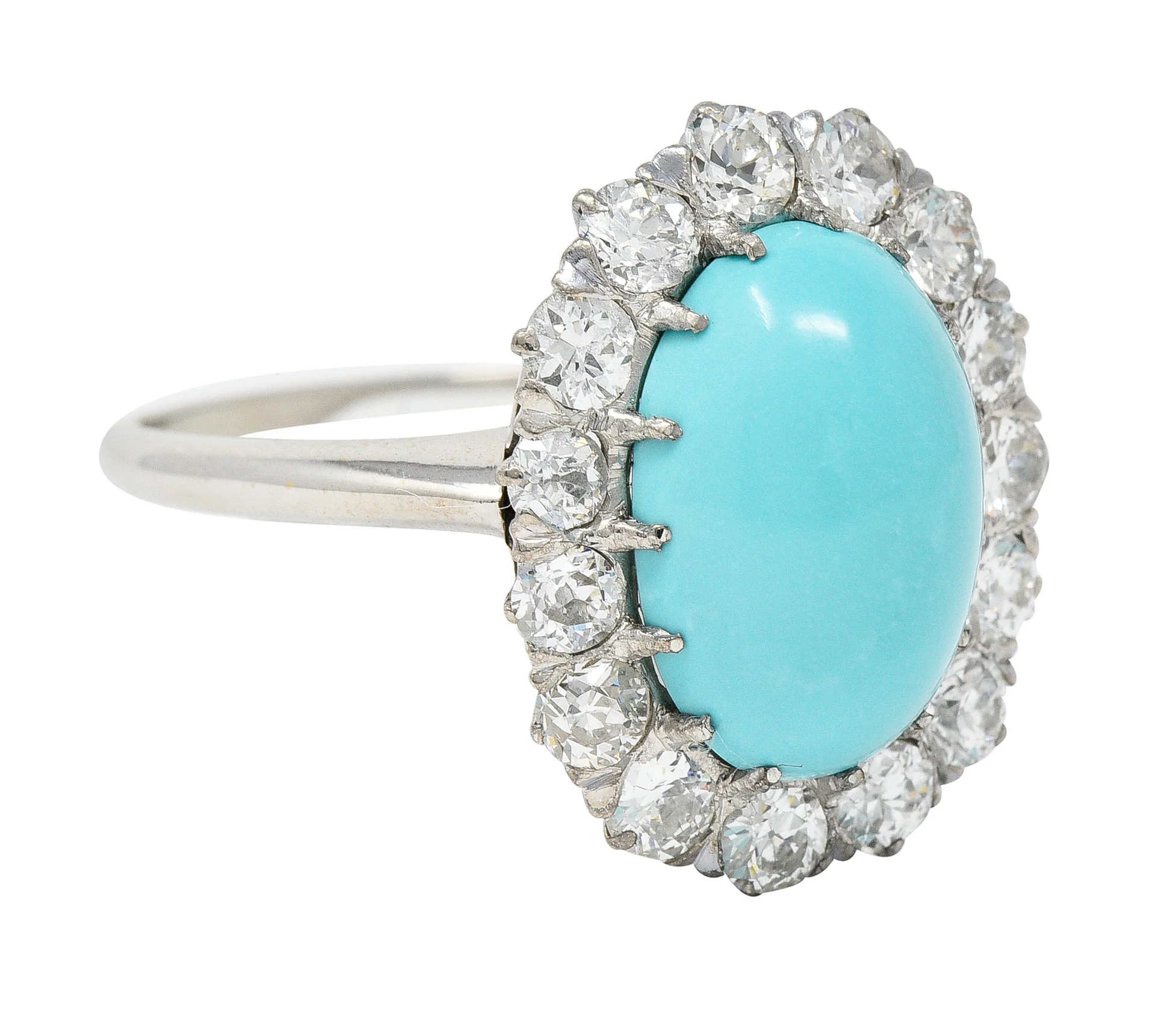 Art Deco 1.20 CTW Turquoise Cabochon Old European Cut Diamond 14 Karat White Gold Halo Ring - Image 2
